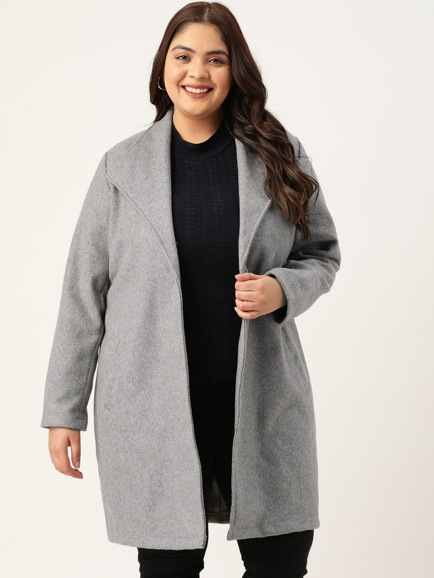 plus size women grey solid color spread collar longline jacket