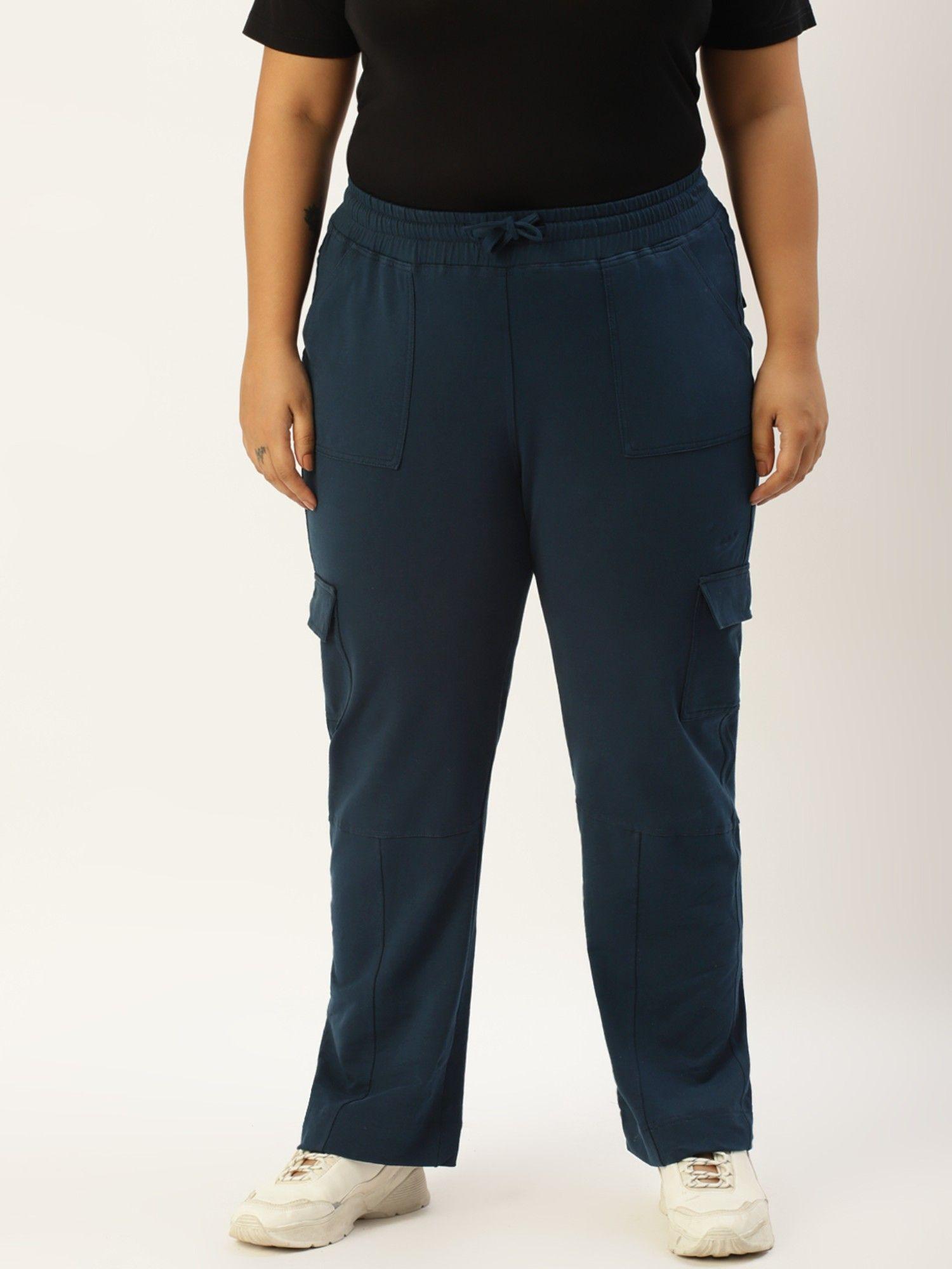 plus size women ink blue solid color cotton cargo trouser