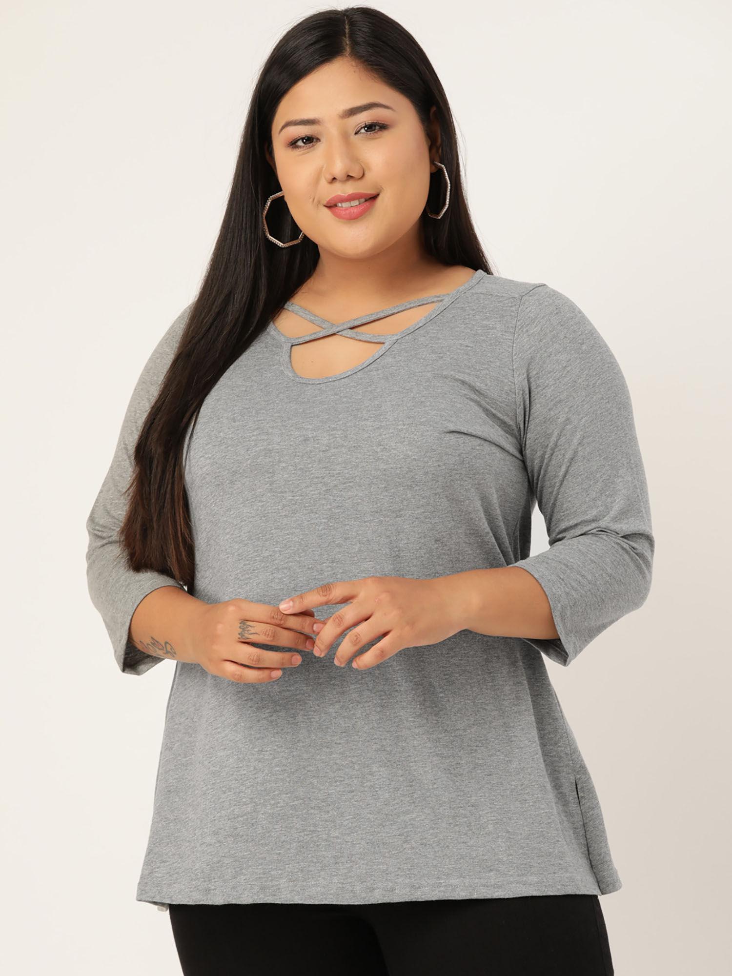 plus size women light grey solid cut out round neck cotton top