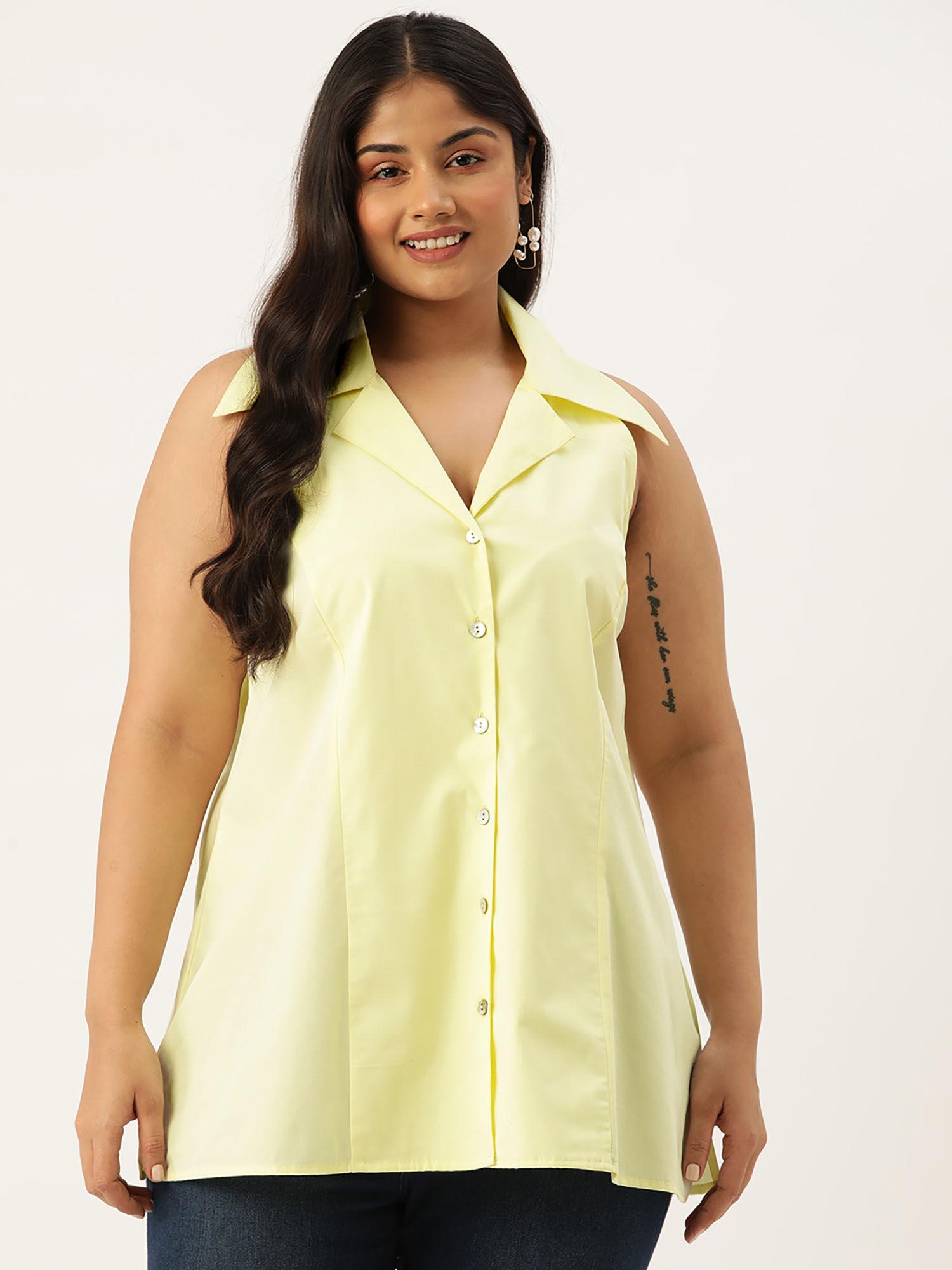 plus size women lime solid button closure shirt collar top