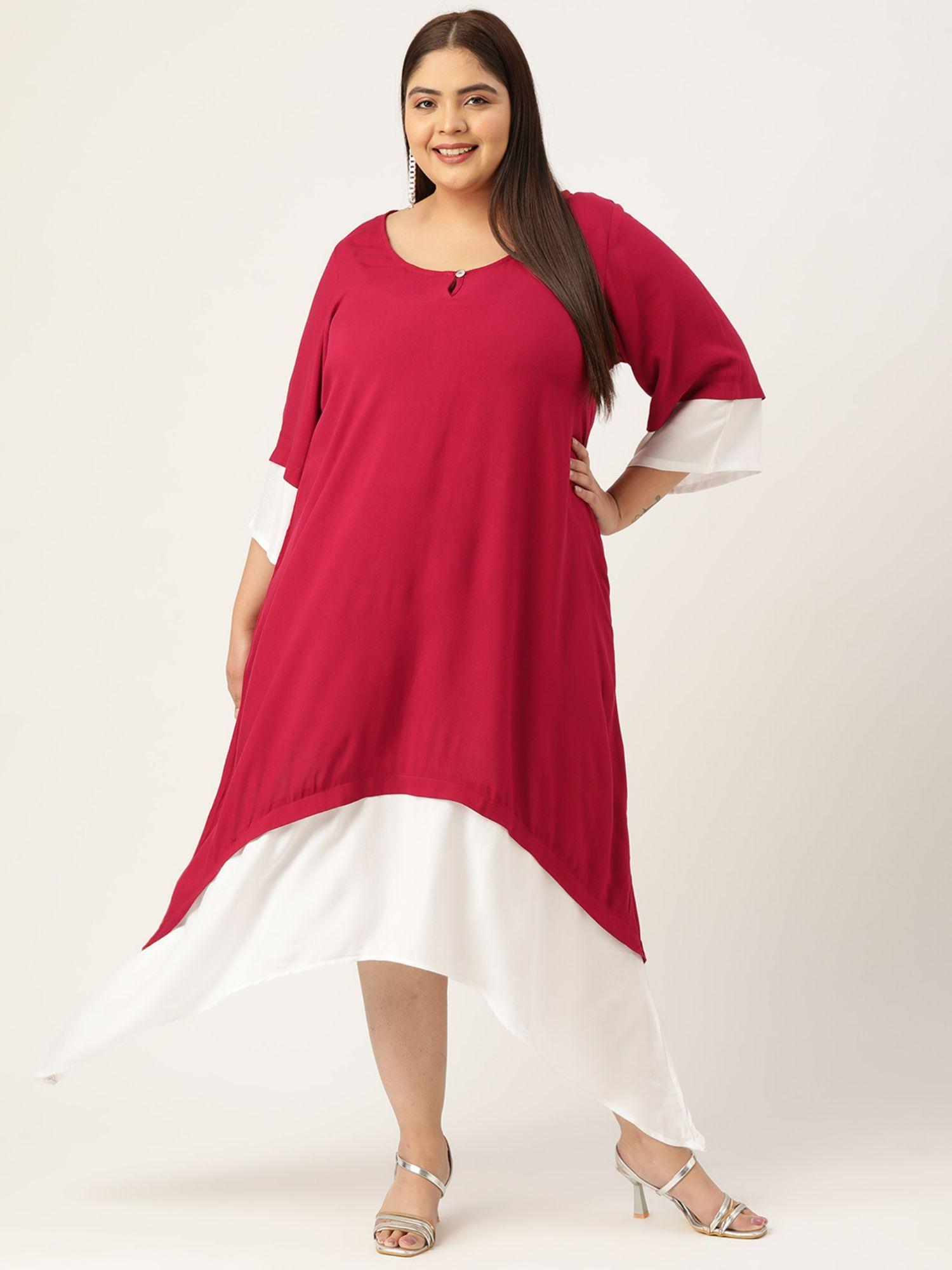 plus size women maroon & white color block asymmetric dress