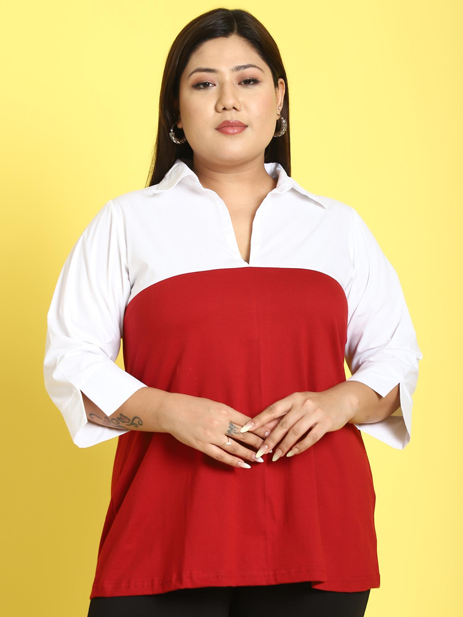 plus size women maroon & white color block shirt collar top