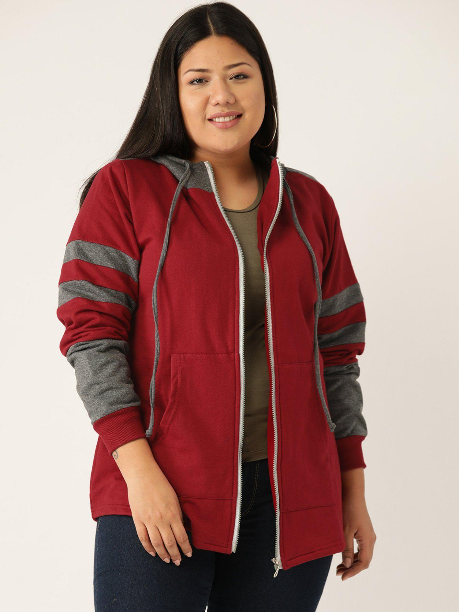 plus size women maroon and grey color block jacket