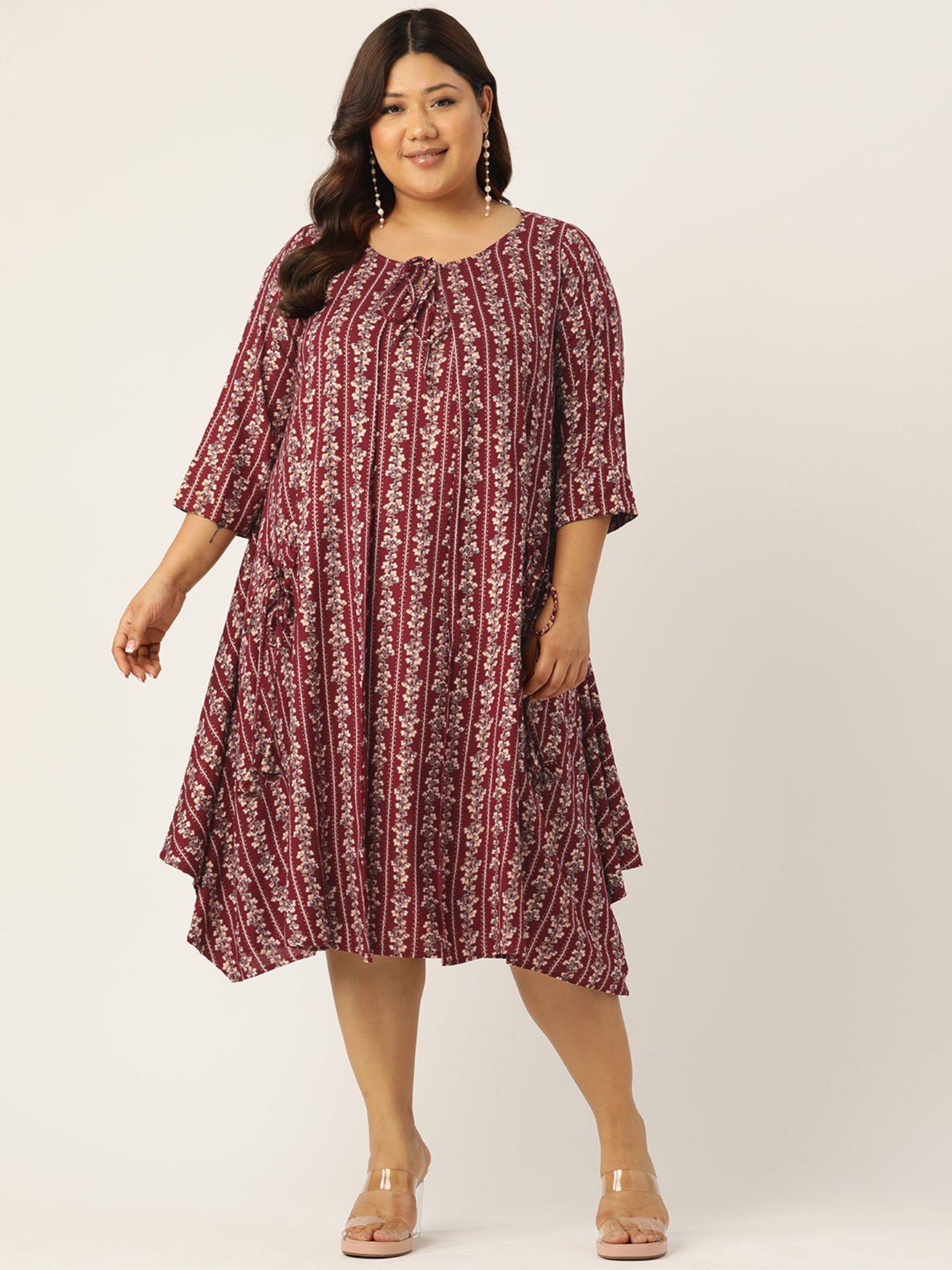 plus size women maroon gold foil printed round neck layered midi dress (set of 2)