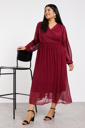 plus size women maroon pleated dress - maroon