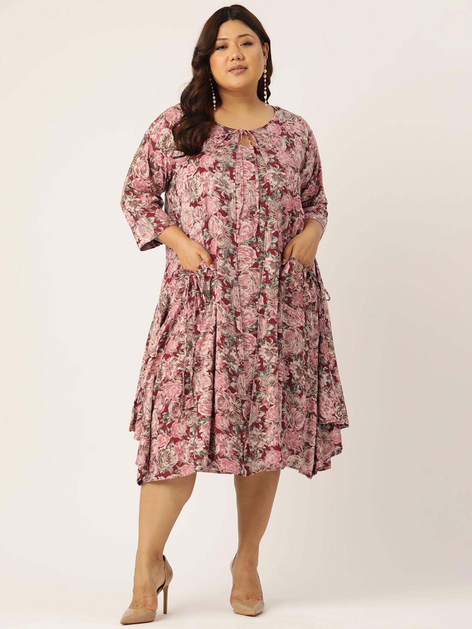 plus size women maroon rose floral round neck layered midi dress (set of 2)