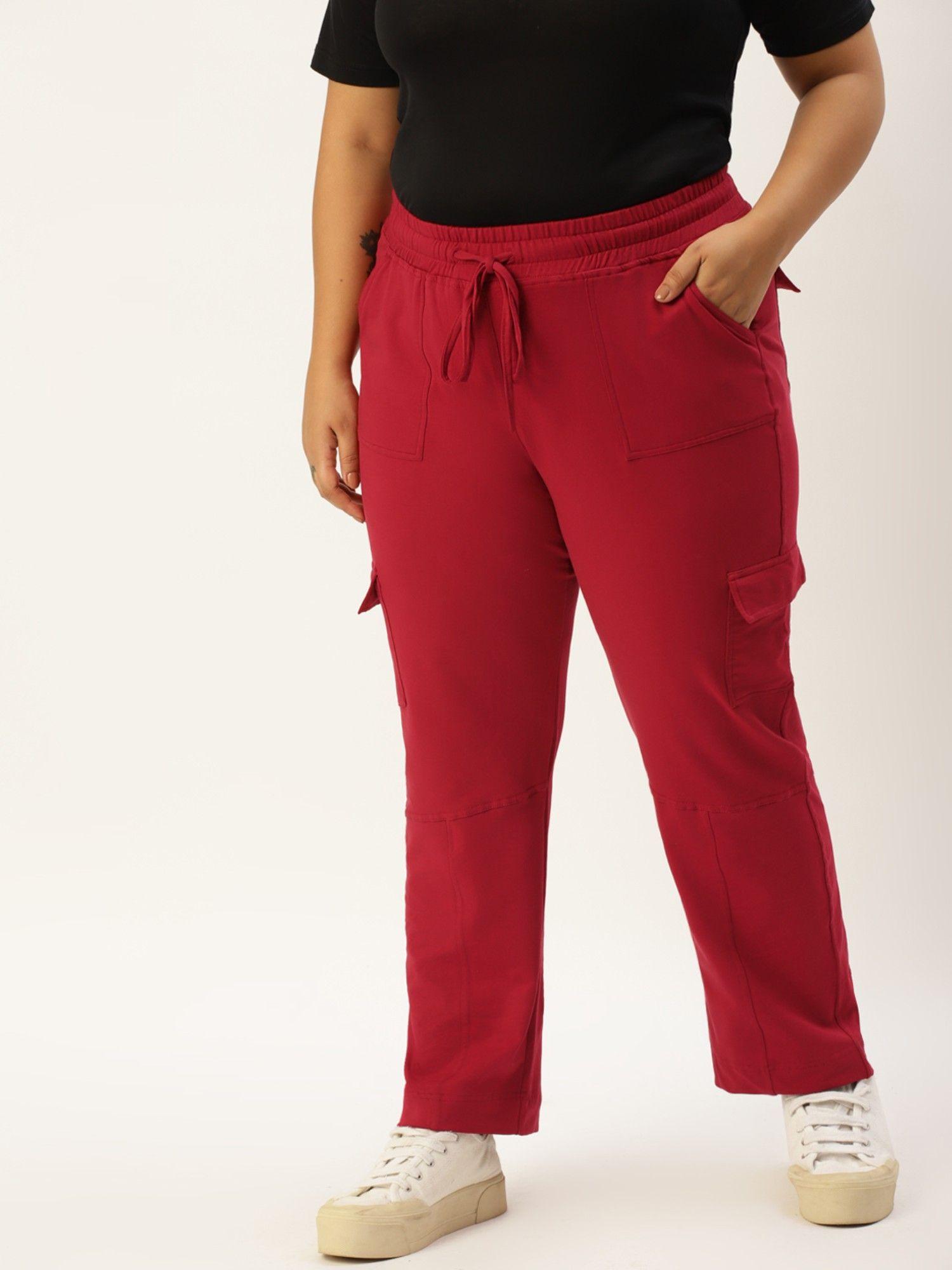 plus size women maroon solid color cotton cargo trouser