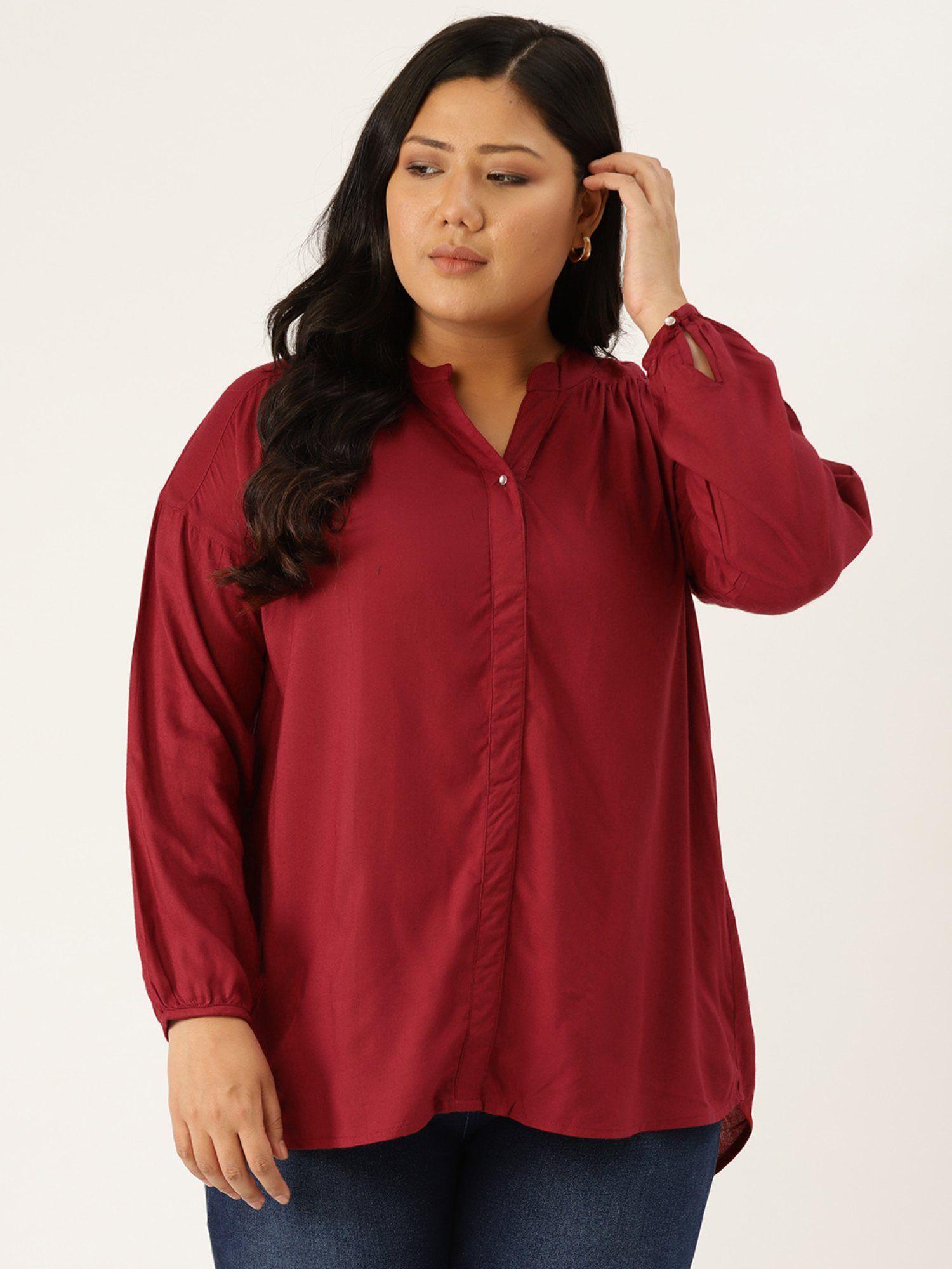 plus size women maroon solid color smocked detail high low top