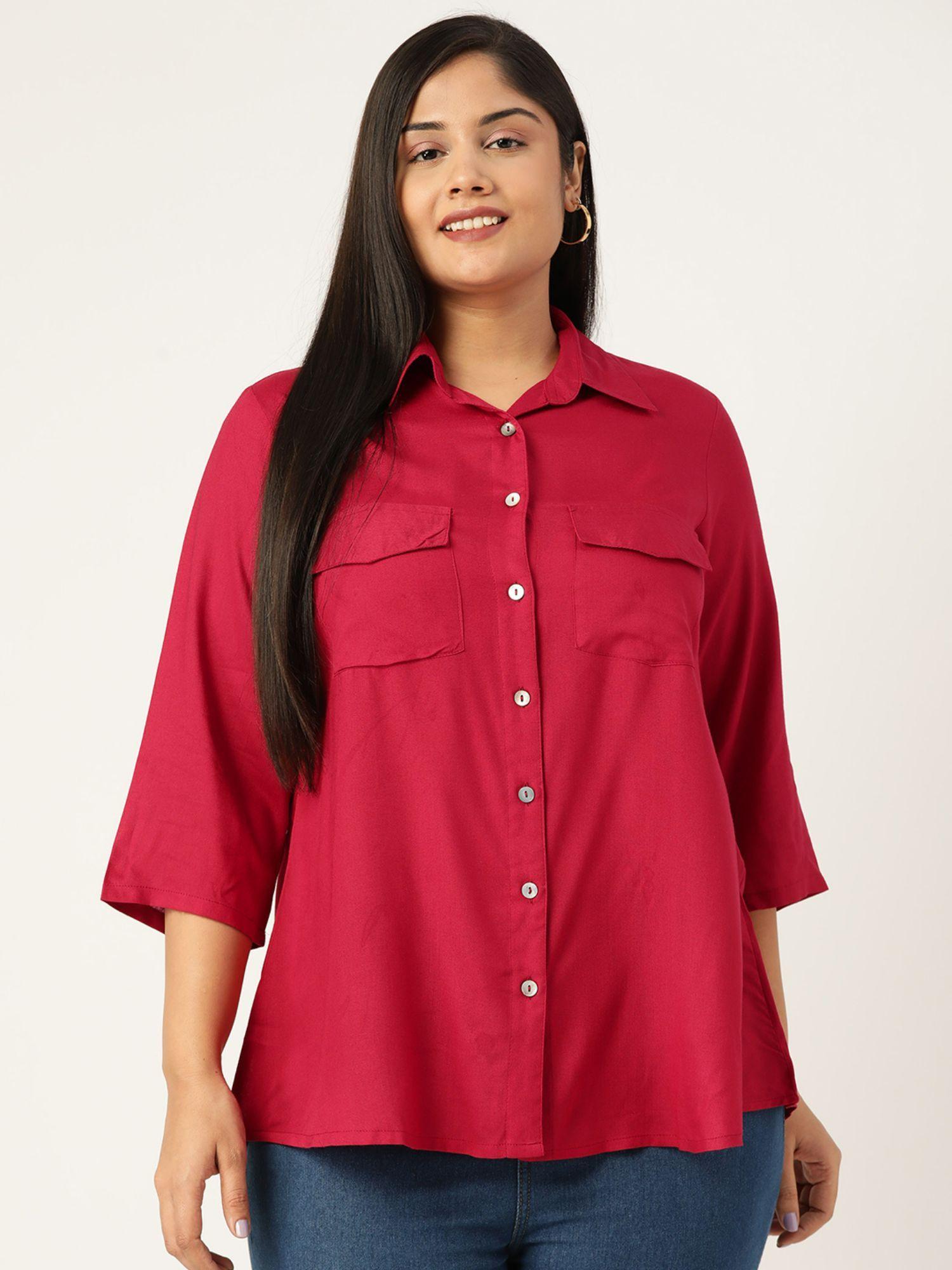 plus size women maroon solid colour spread collar casual shirt