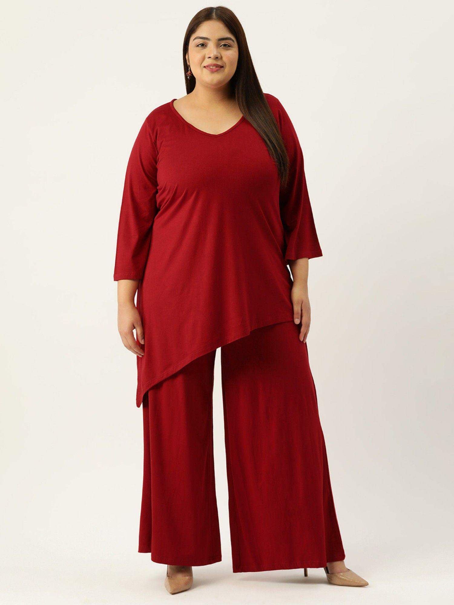 plus size women maroon solid colour top with palazzos (set of 2)