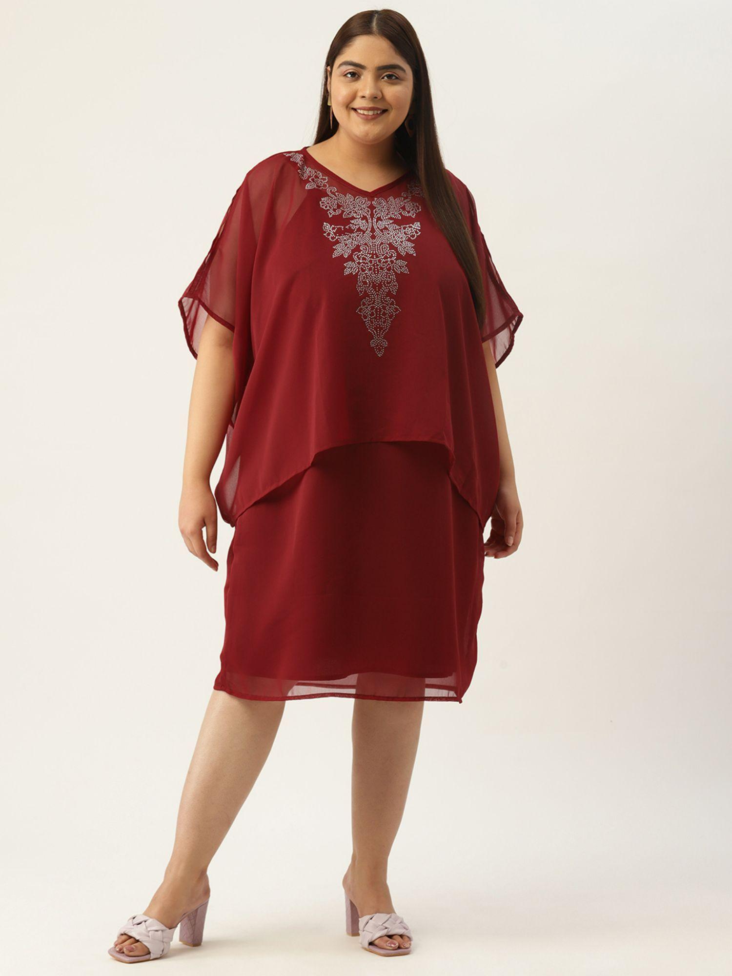 plus size women maroon solid layered embellished party wear dress (set of 2)