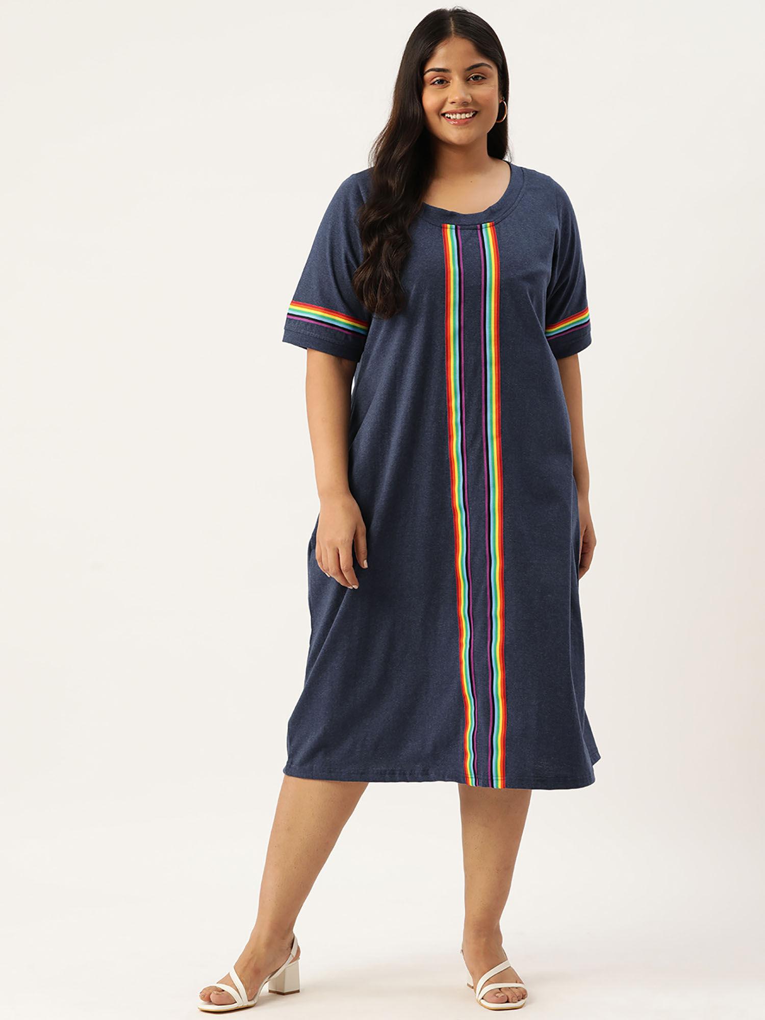 plus size women melange blue solid knitted dress with tape