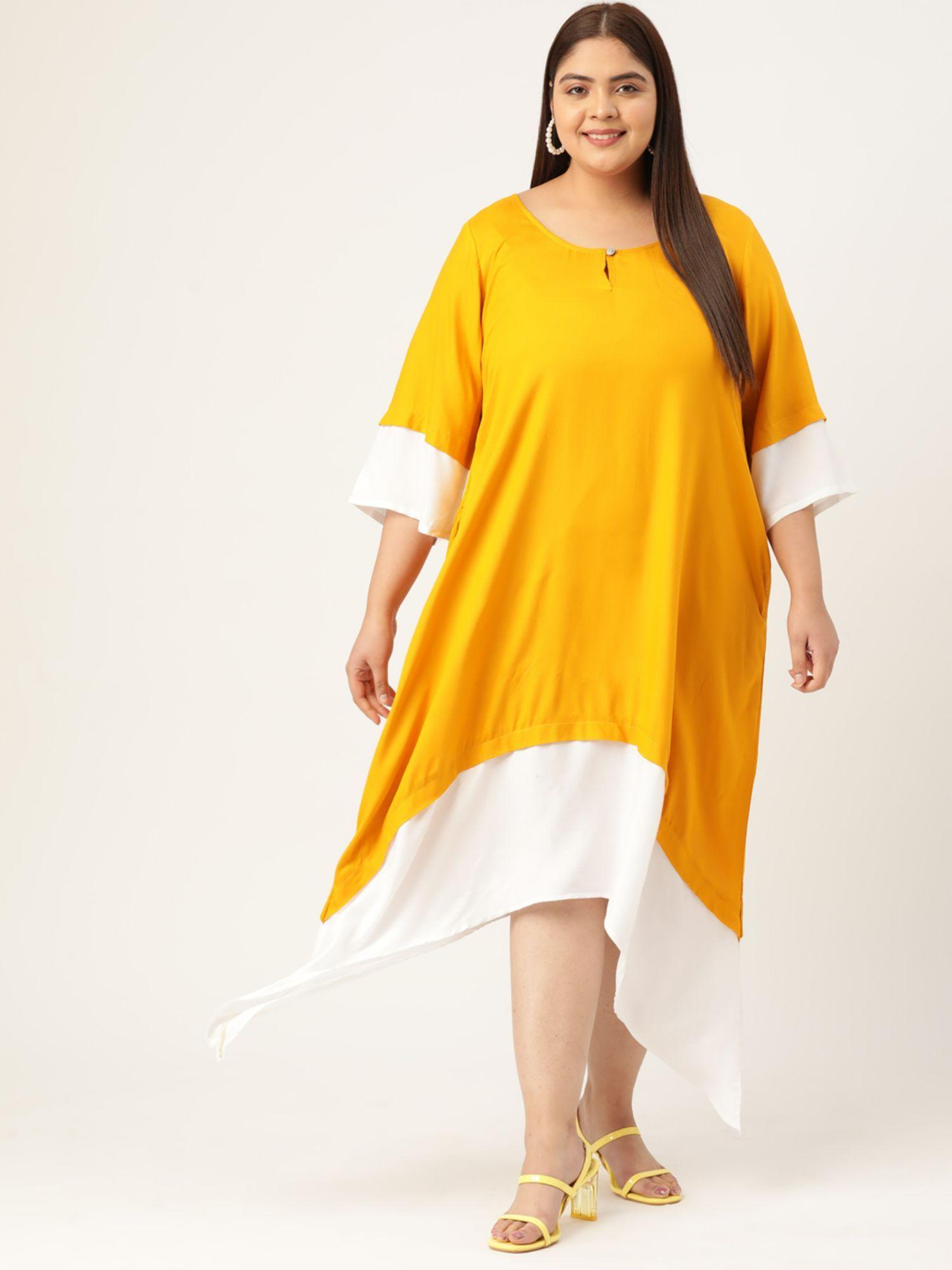 plus size women mustard & white color block asymmetric dress