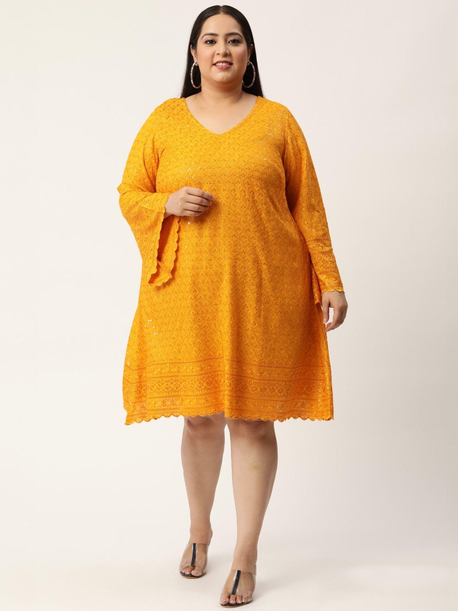 plus size women mustard color embroidered & sequinned a-line dress