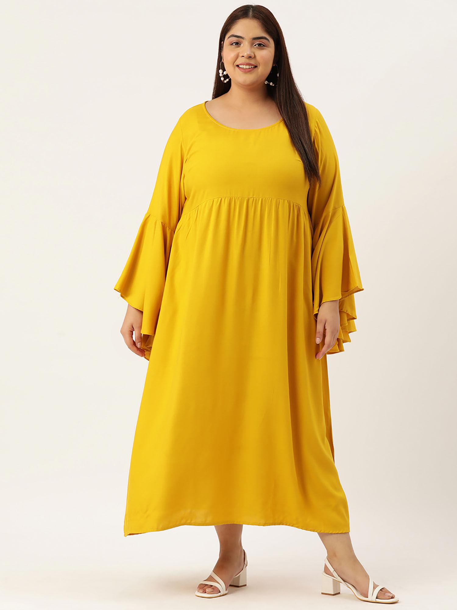 plus size women mustard solid bell sleeves a-line midi dress