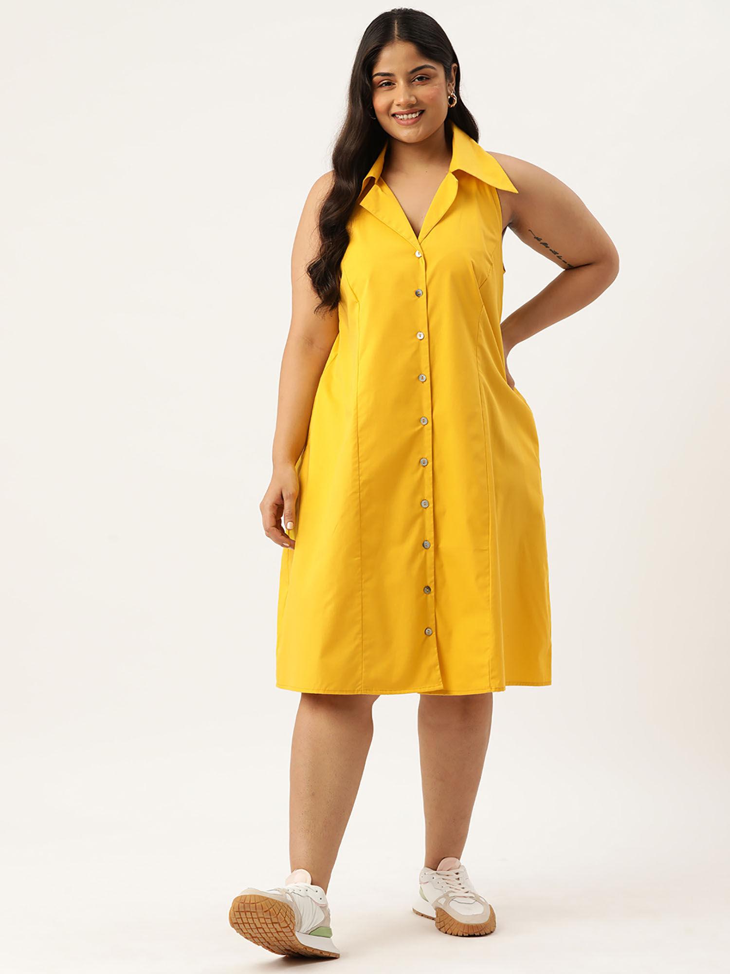 plus size women mustard solid shirt collar sleeveless midi dress