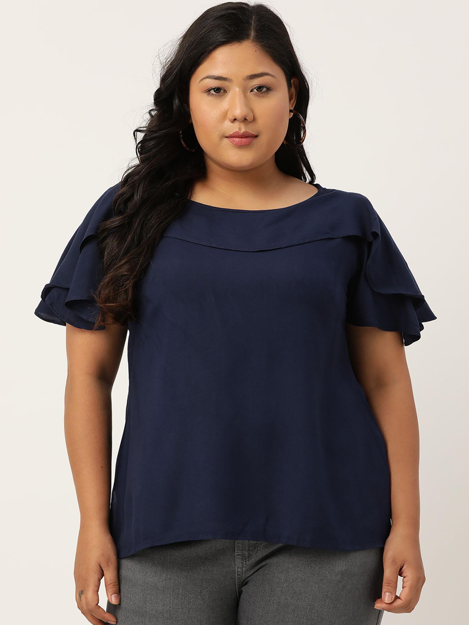 plus size women navy blue flutter sleeves layered top