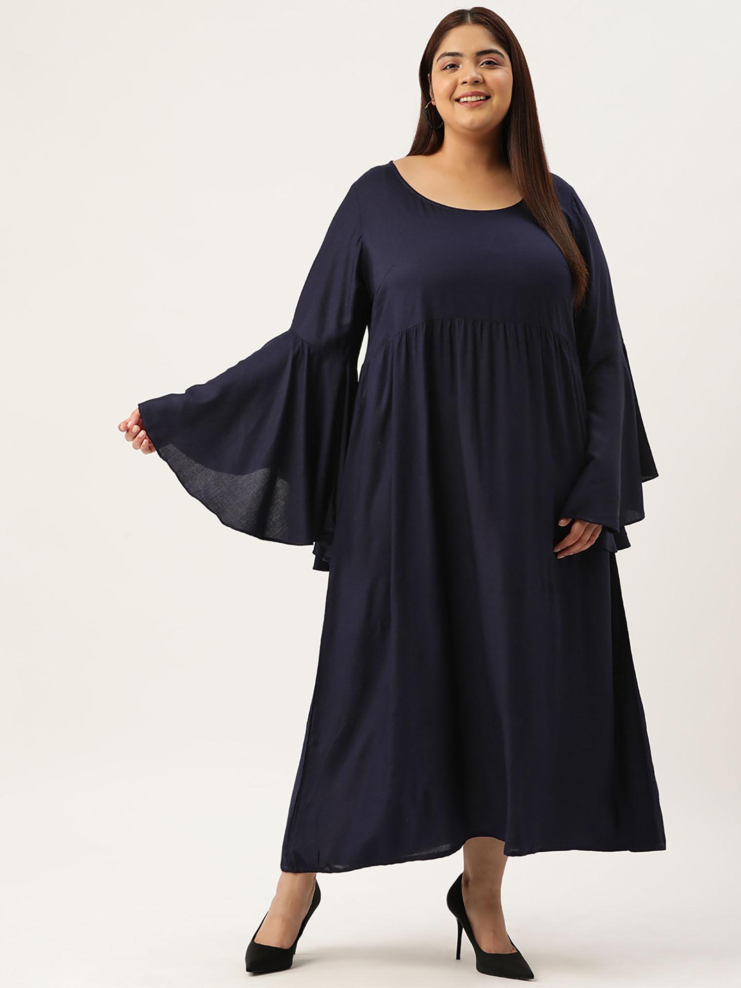 plus size women navy blue solid bell sleeves a-line midi dress