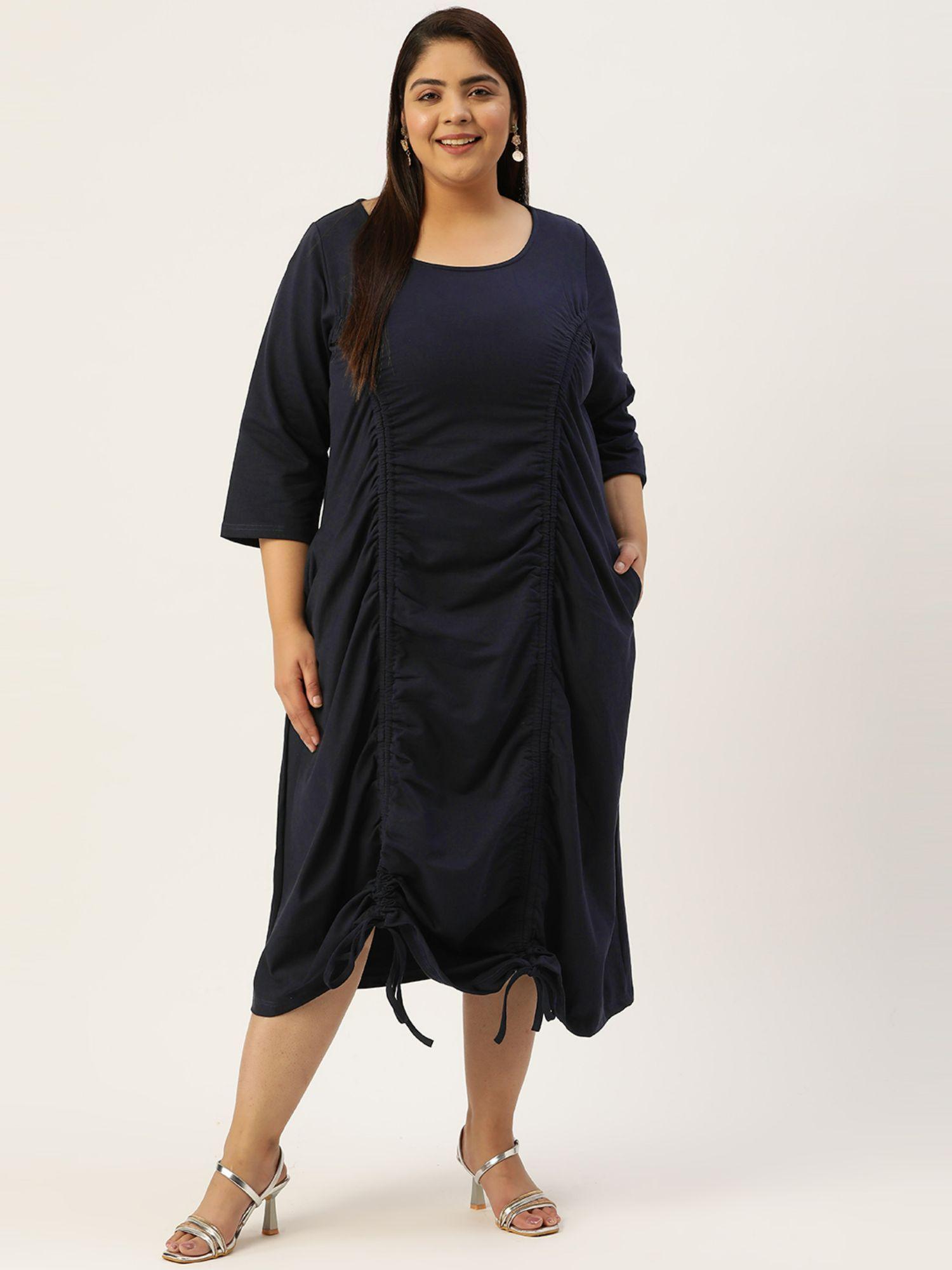 plus size women navy blue solid color cotton knitted ruched a-line dress