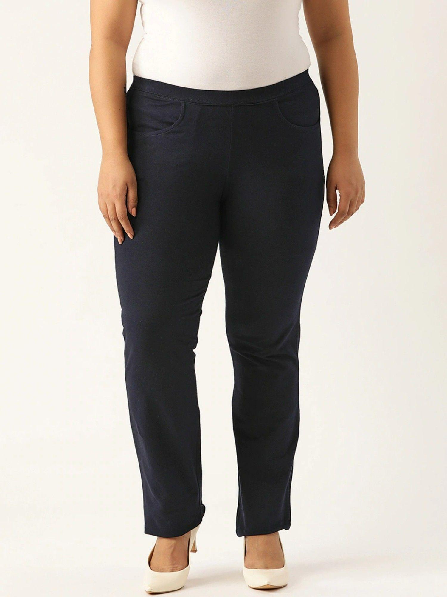 plus size women navy blue solid color high rise knitted trousers