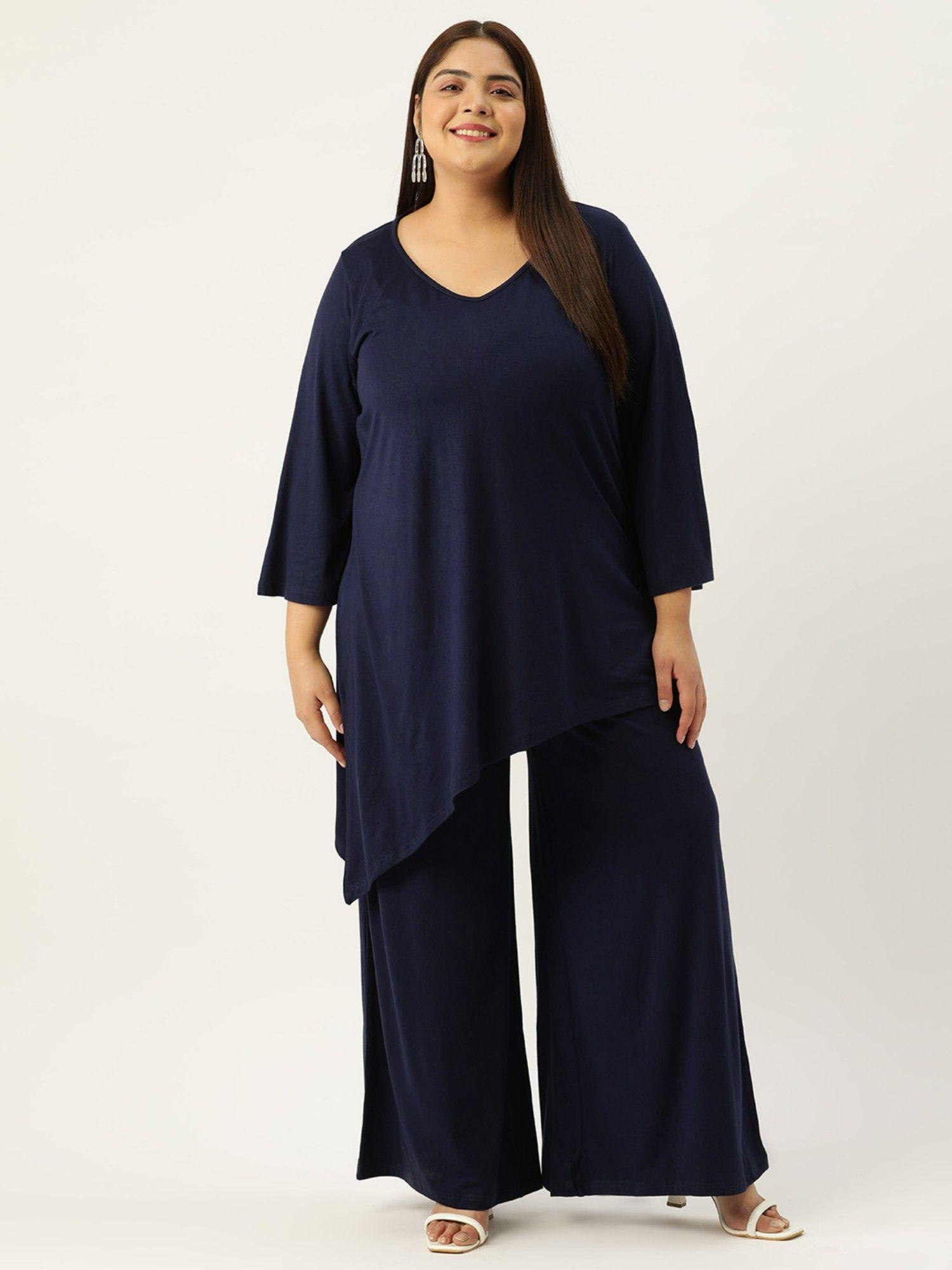 plus size women navy blue solid colour top with palazzos (set of 2)