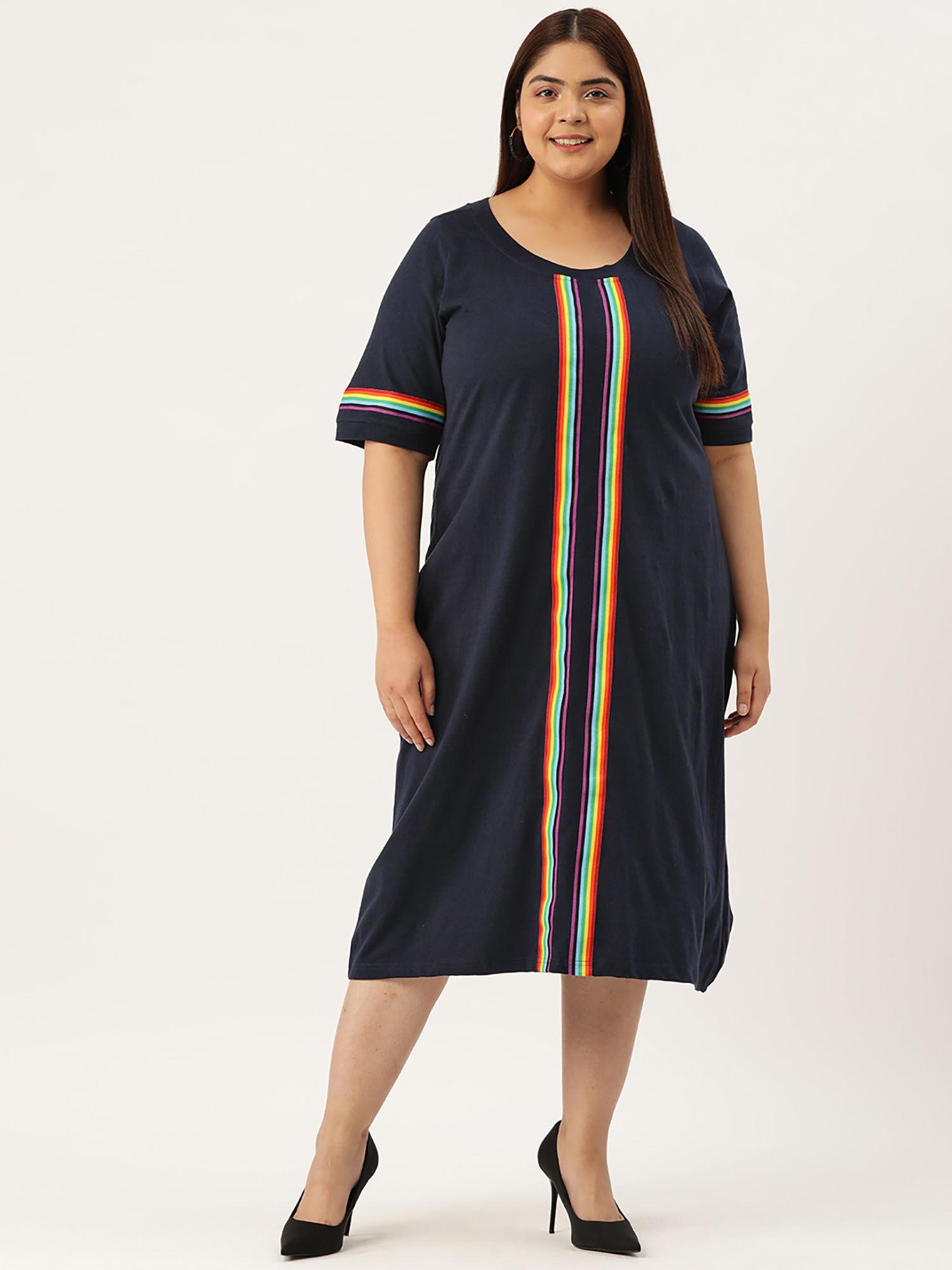 plus size women navy blue solid knitted dress with tape