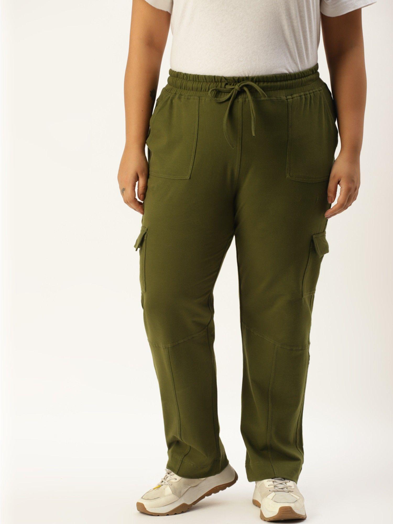 plus size women olive green solid color cotton cargo trouser