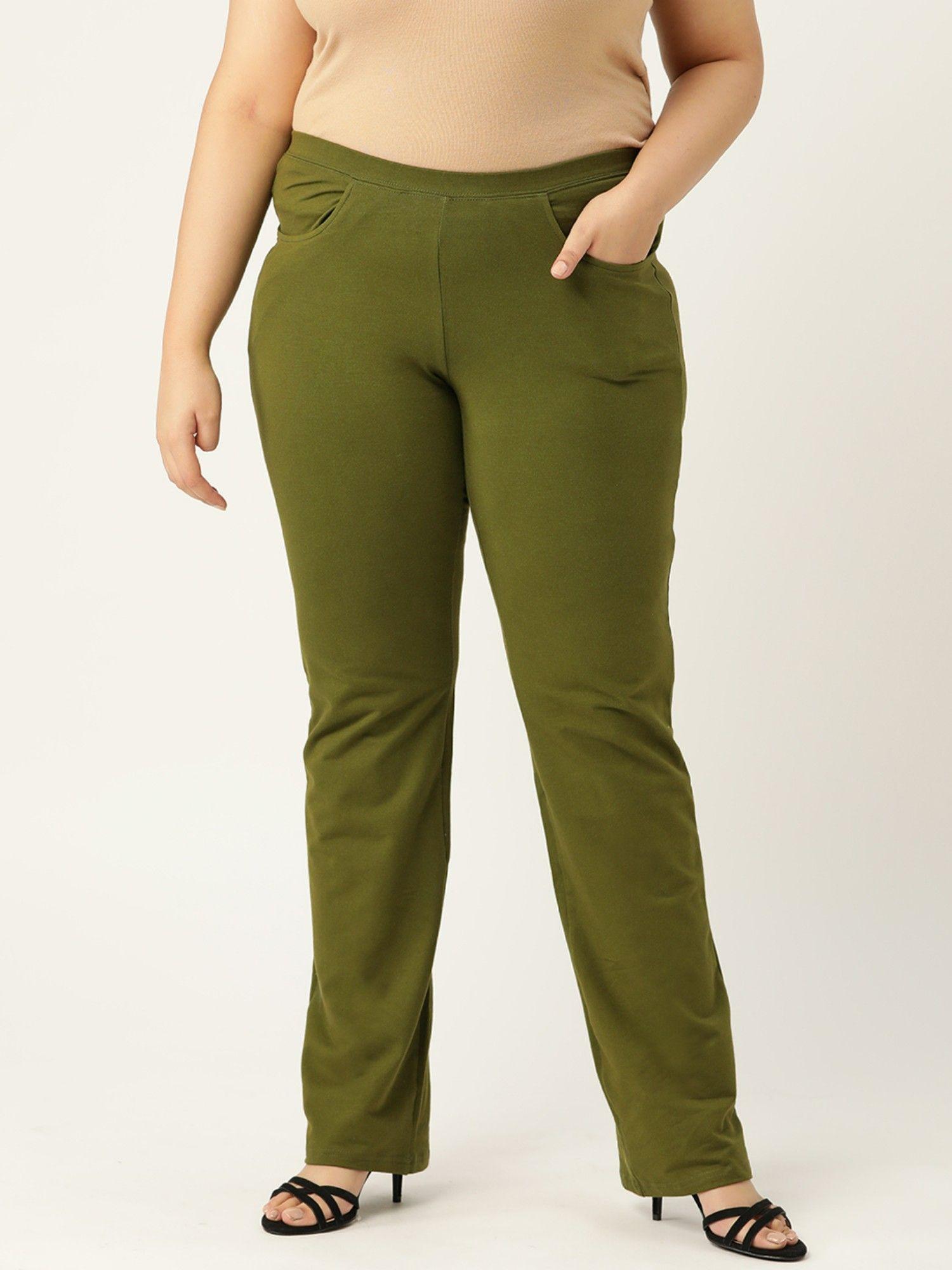 plus size women olive green solid color high rise knitted trousers