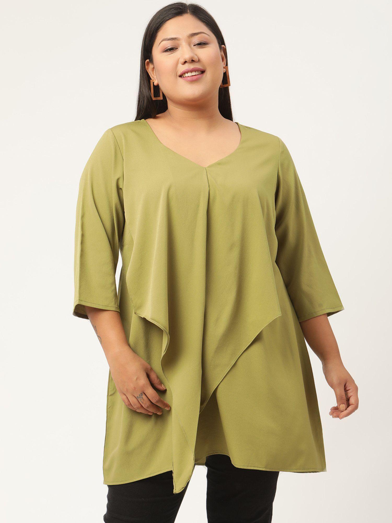 plus size women olive green solid color ruffles regular top