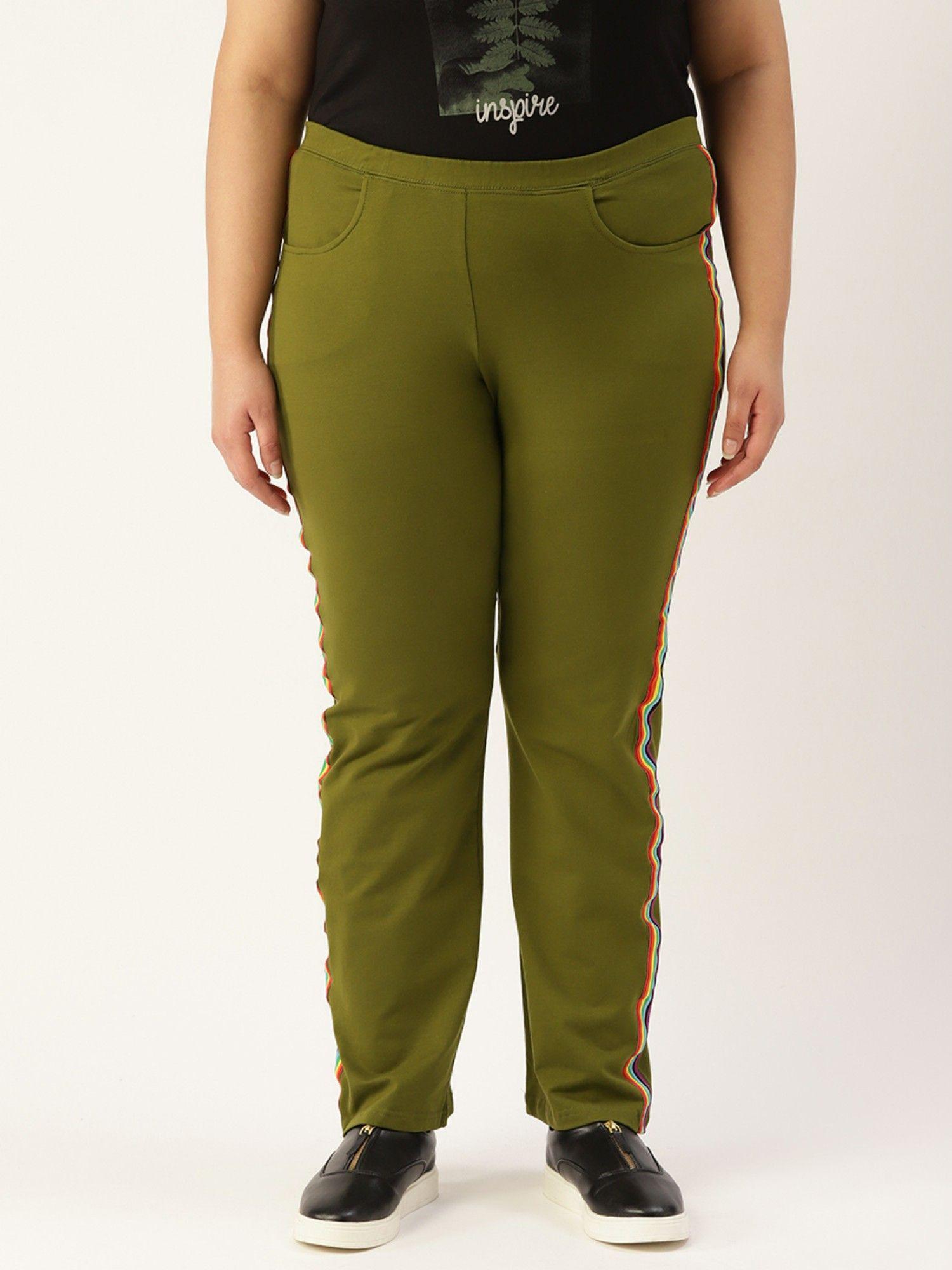 plus size women olive green solid color trousers with side stripes