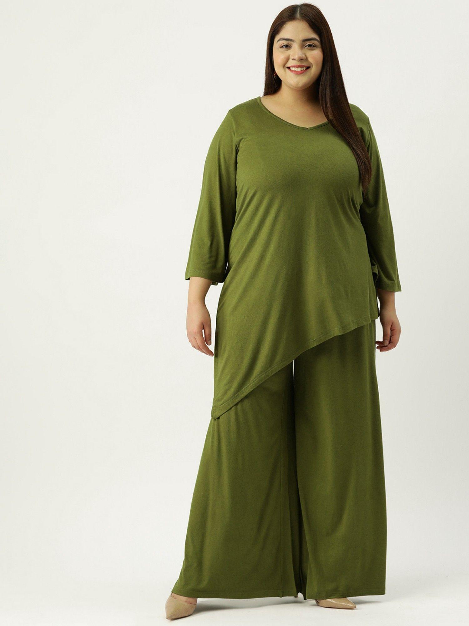 plus size women olive green solid colour top with palazzos (set of 2)