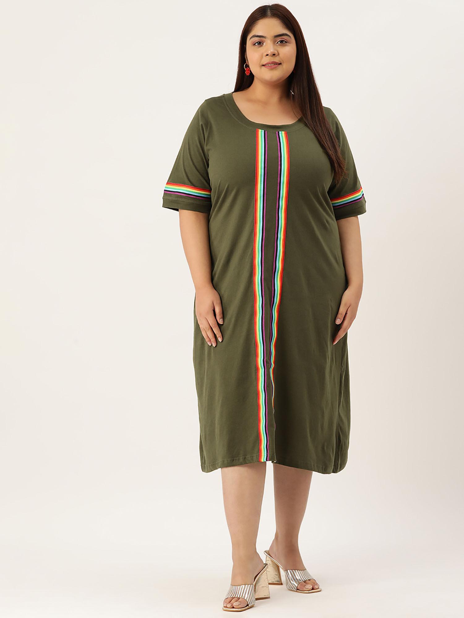 plus size women olive solid knitted dress with tape