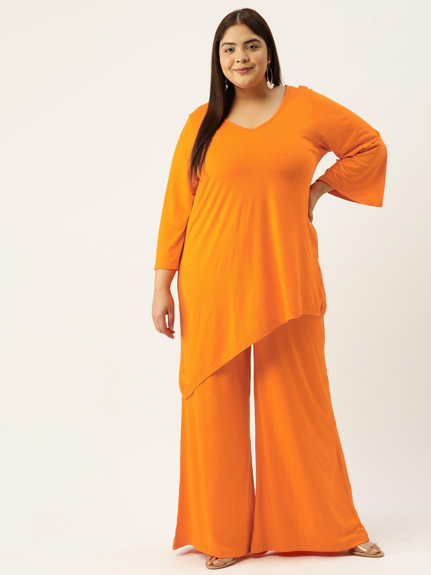 plus size women orange solid colour top with palazzos (set of 2)