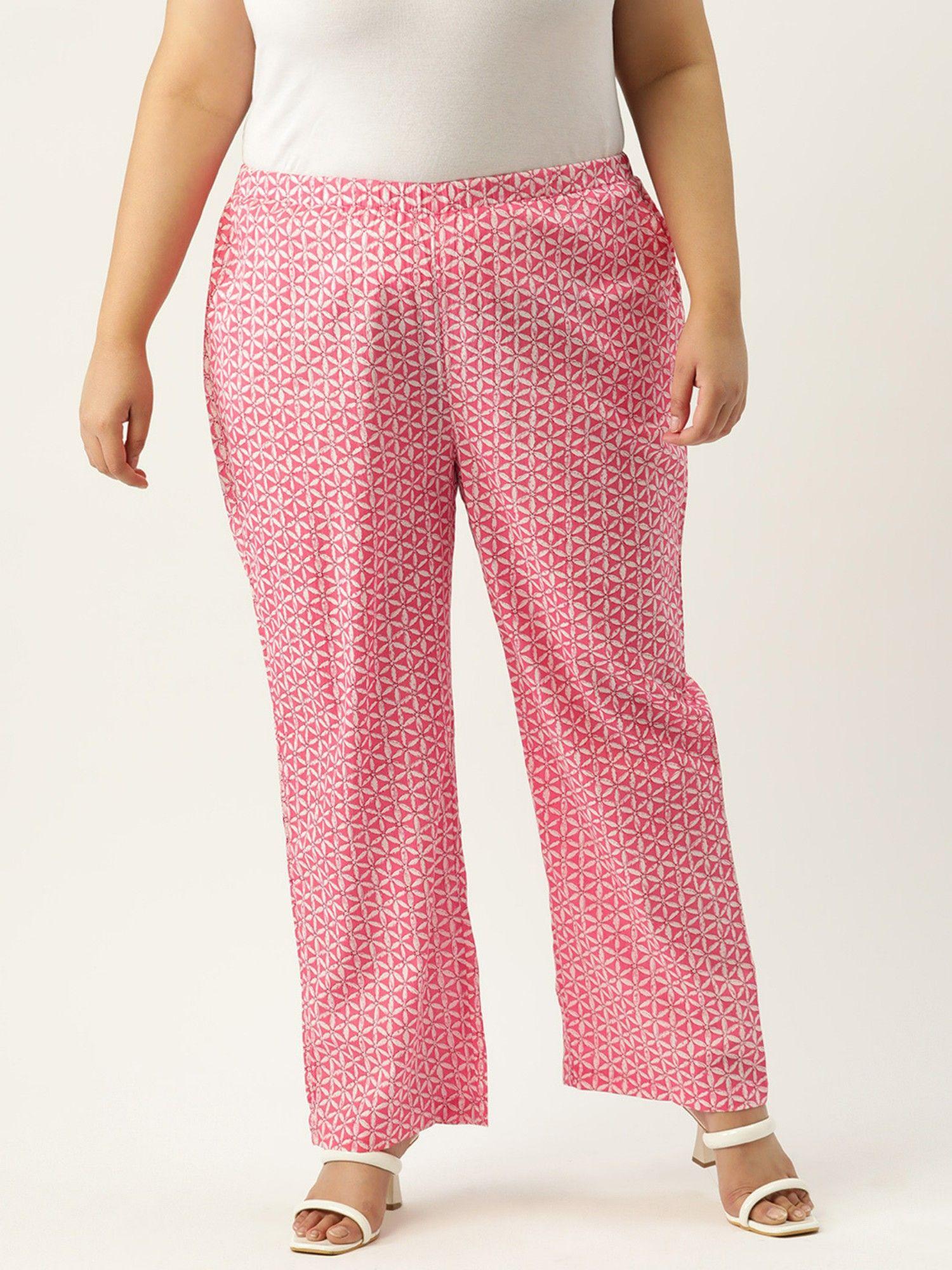 plus size women pink floral print cotton trouser