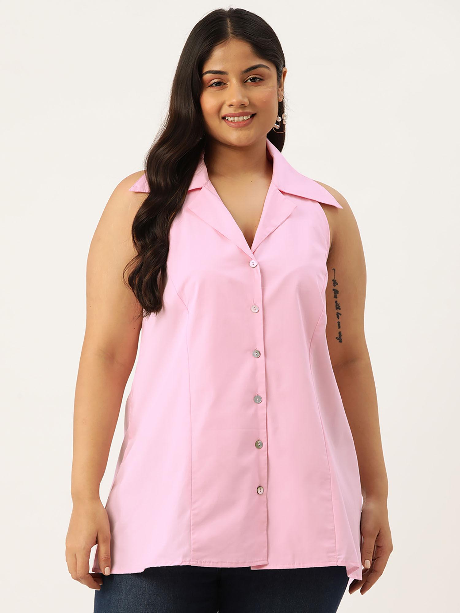 plus size women pink solid button closure shirt collar top