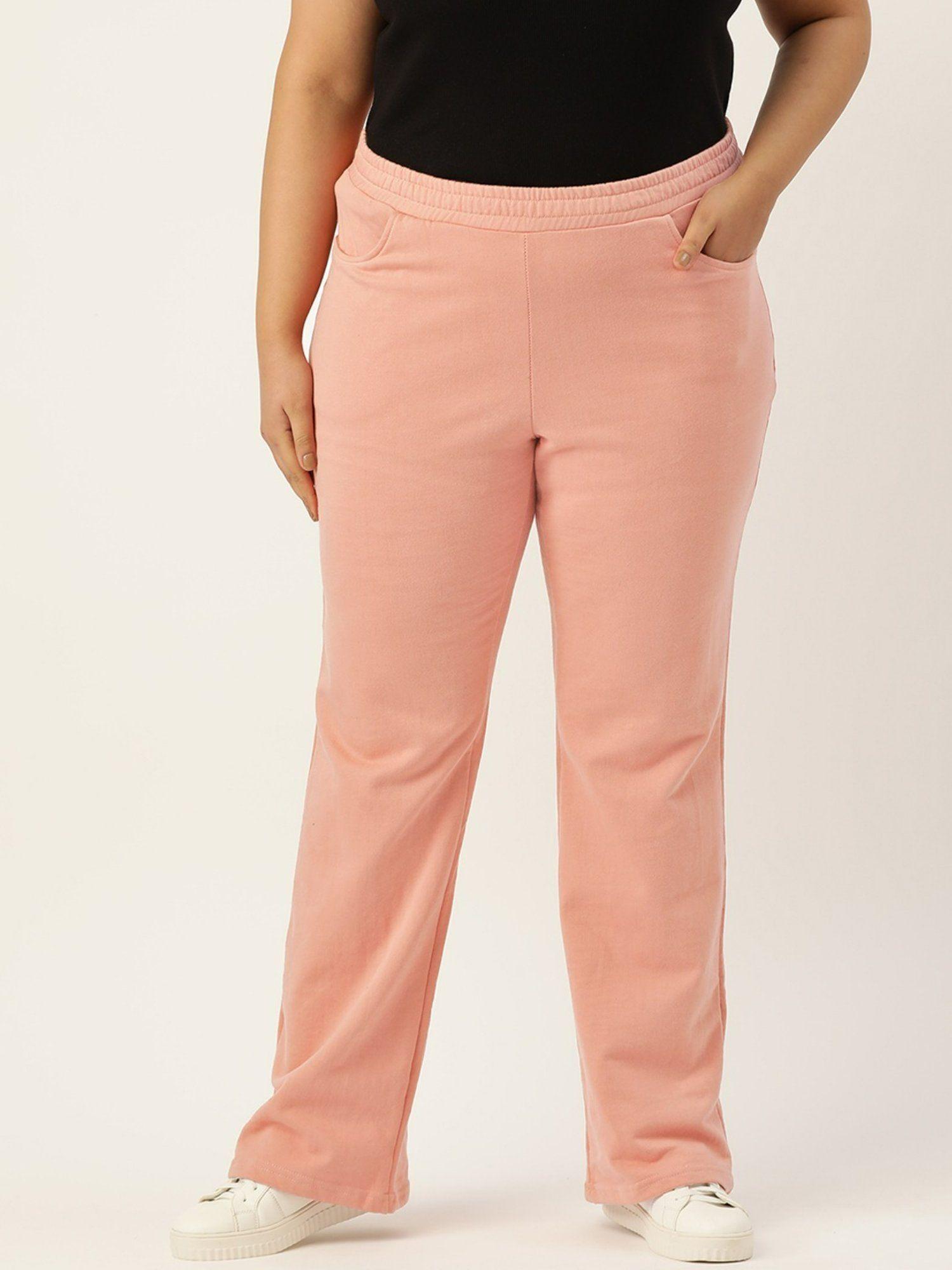 plus size women pink solid color elastic waist winter trousers