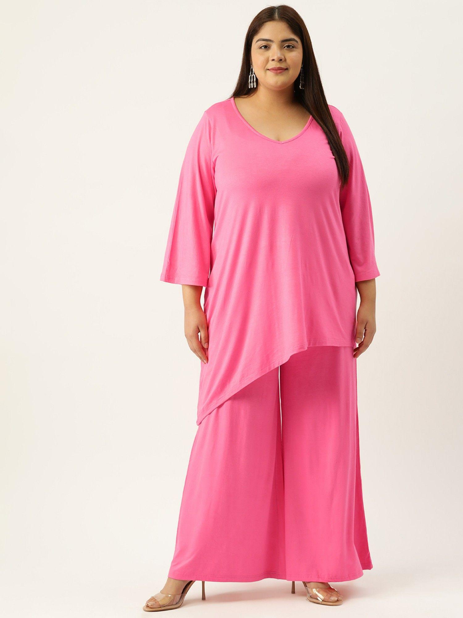 plus size women pink solid colour top with palazzos (set of 2)