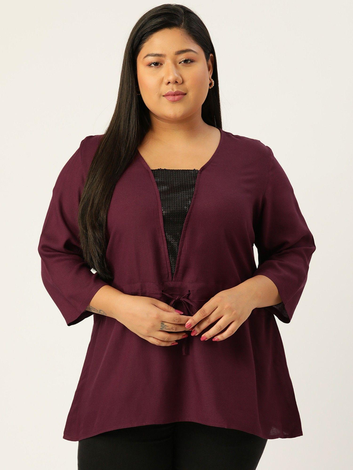 plus size women plum color embellished patch work regular top