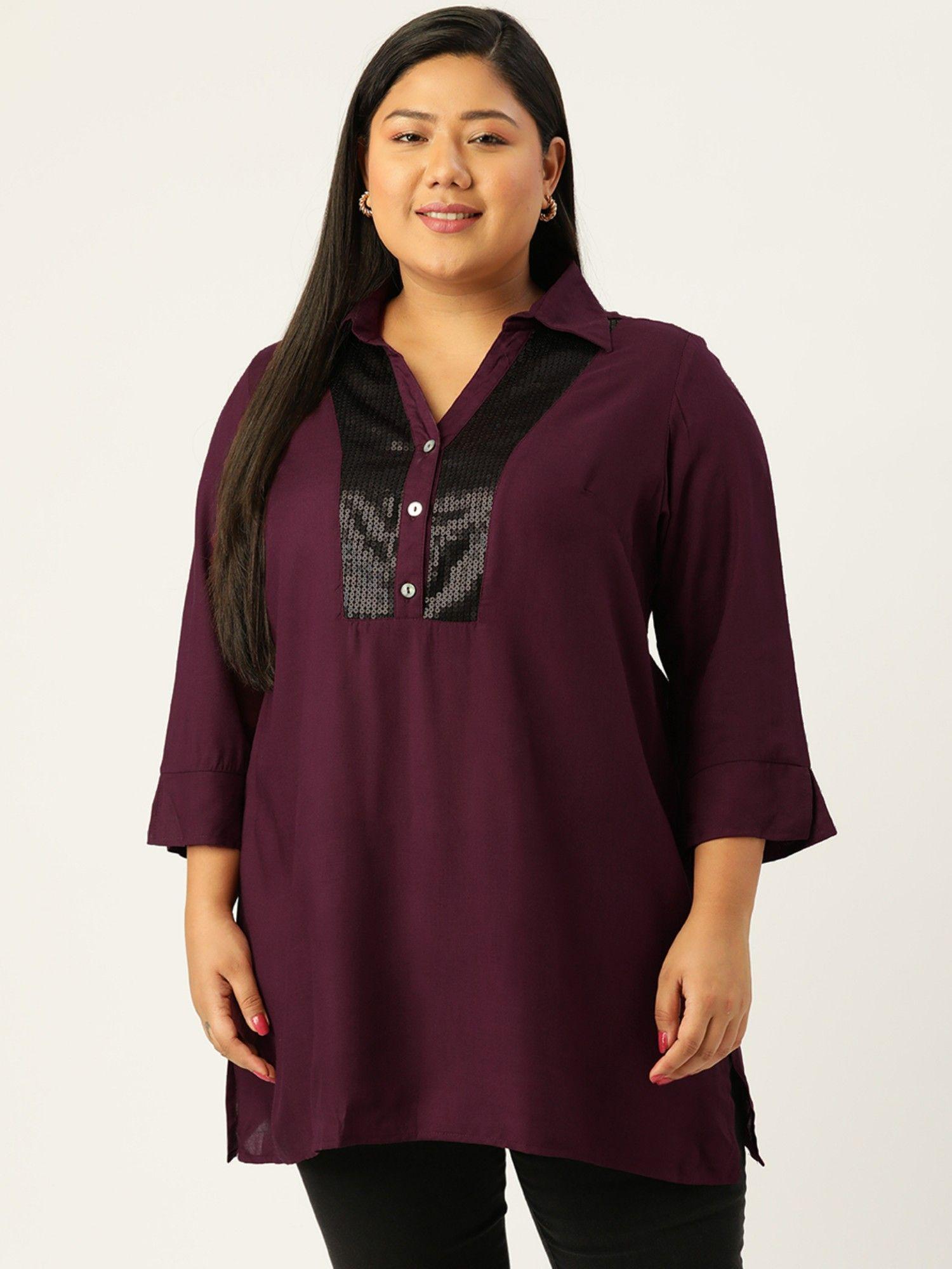 plus size women plum color shirt collar longline top