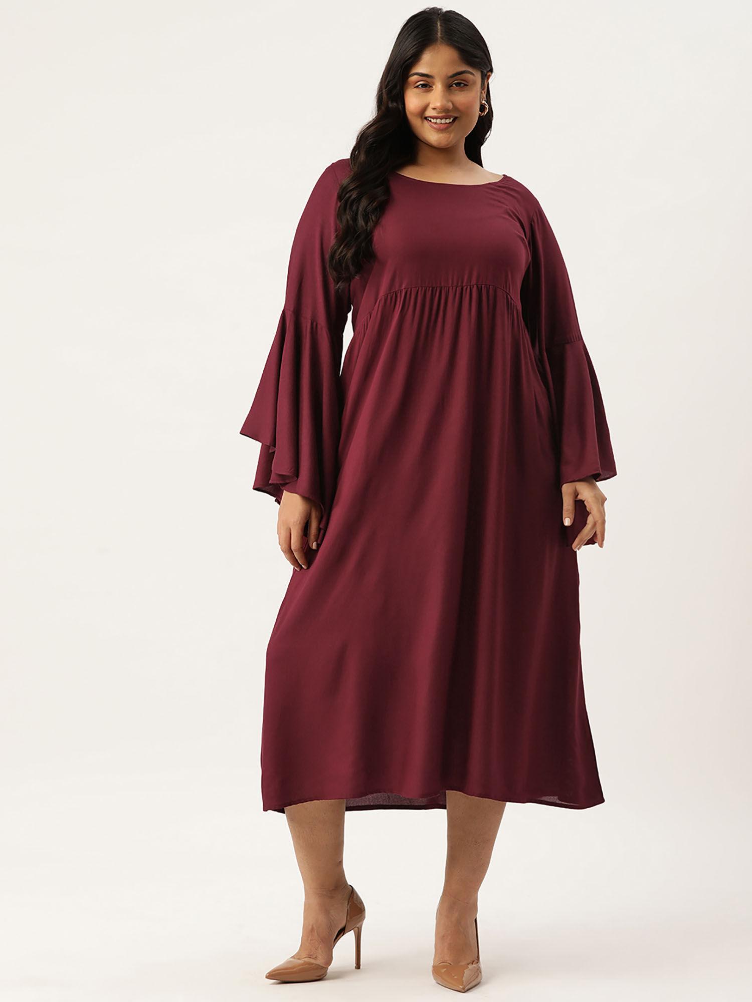 plus size women plum solid bell sleeves a-line midi dress