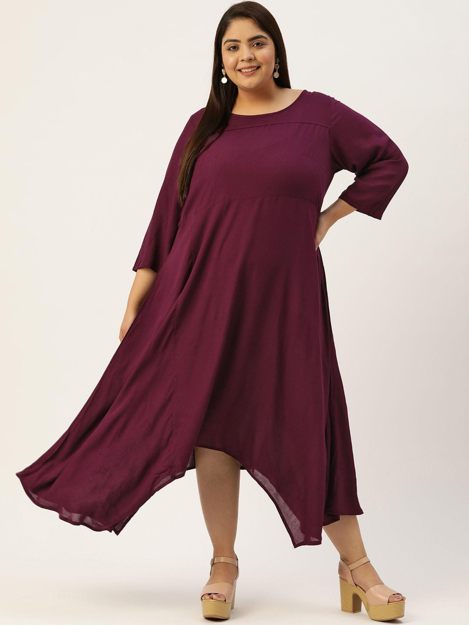 plus size women plum solid color woven a-line midi dress