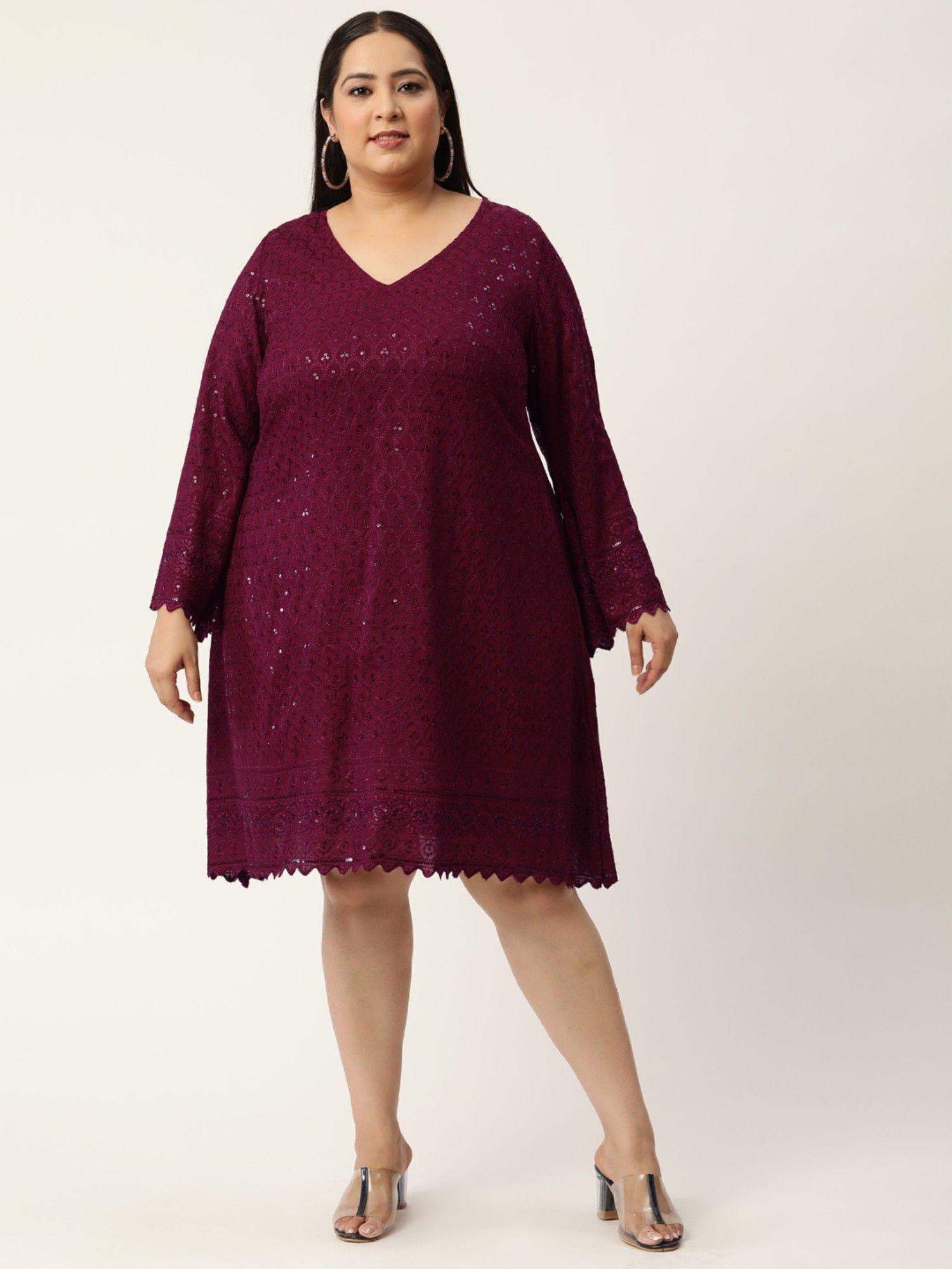 plus size women purple color embroidered & sequinned a-line dress