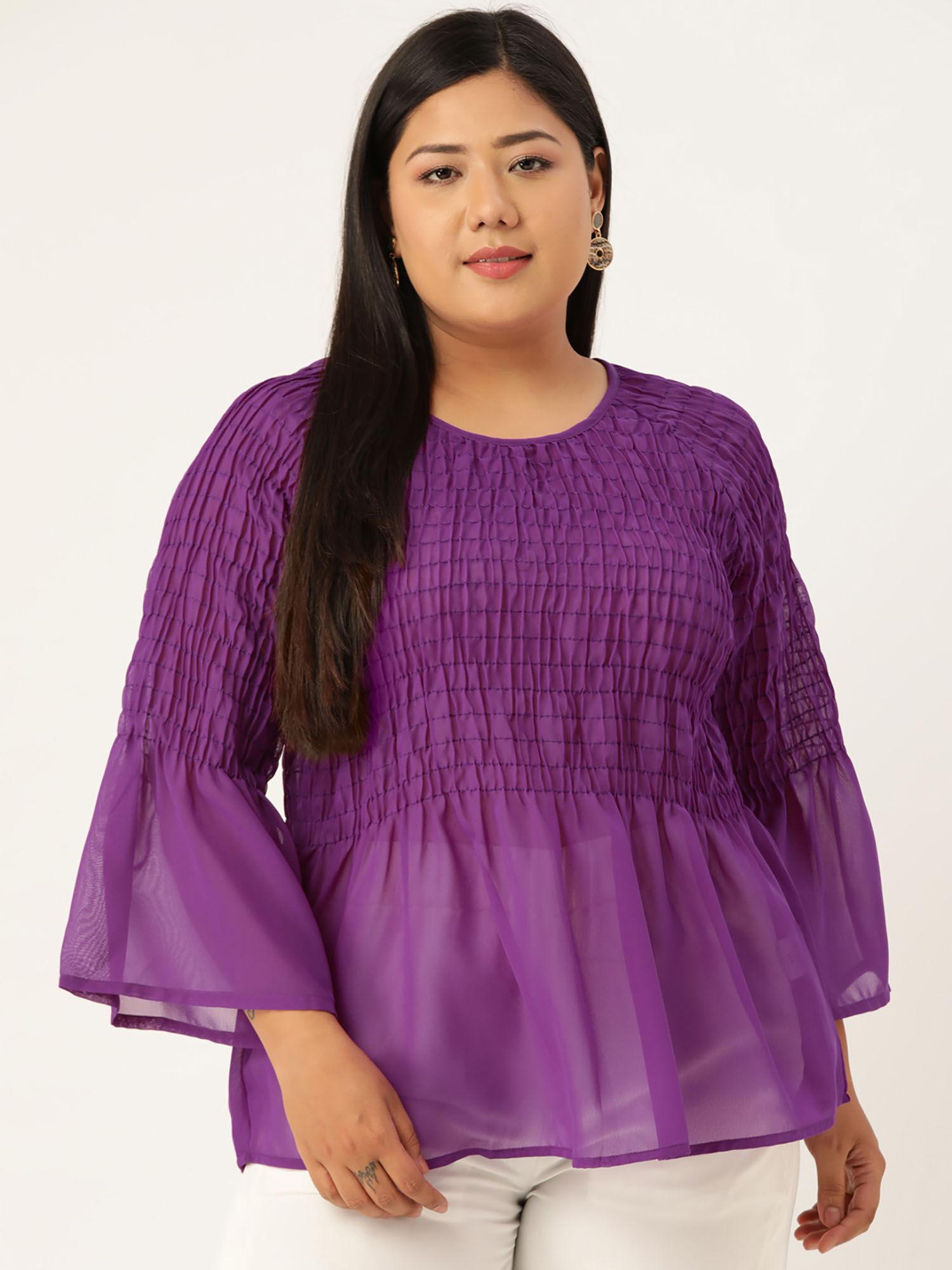 plus size women purple solid color smocked sheer peplum top