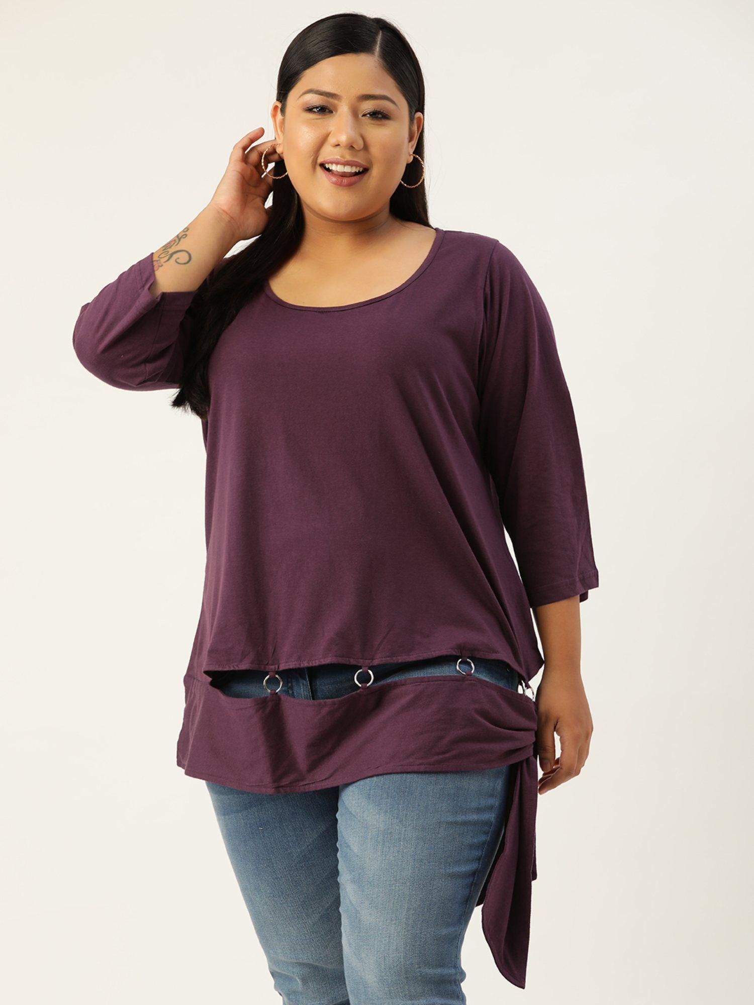 plus size women purple solid color top with ring detail at bottom