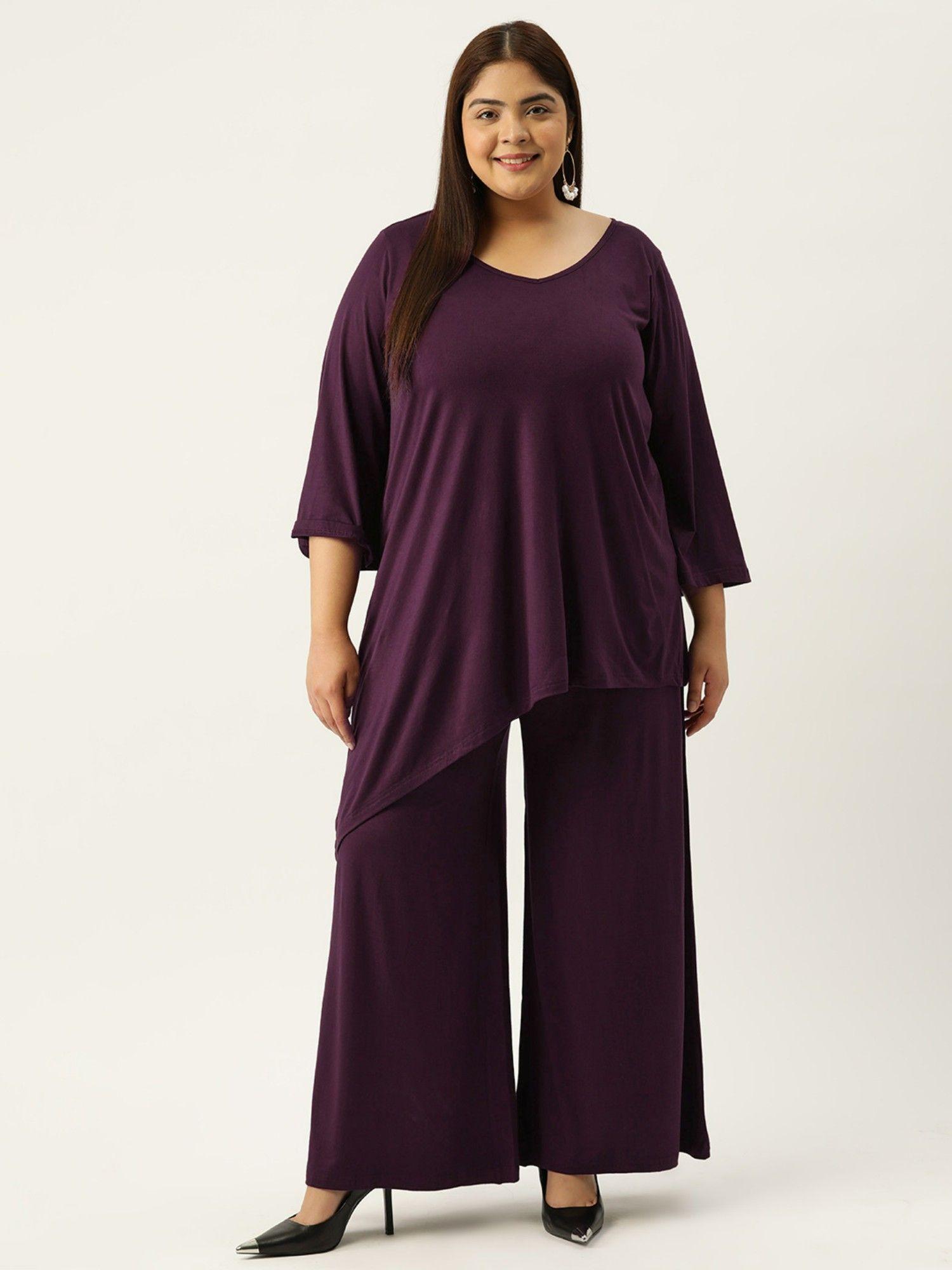 plus size women purple solid colour top with palazzos (set of 2)