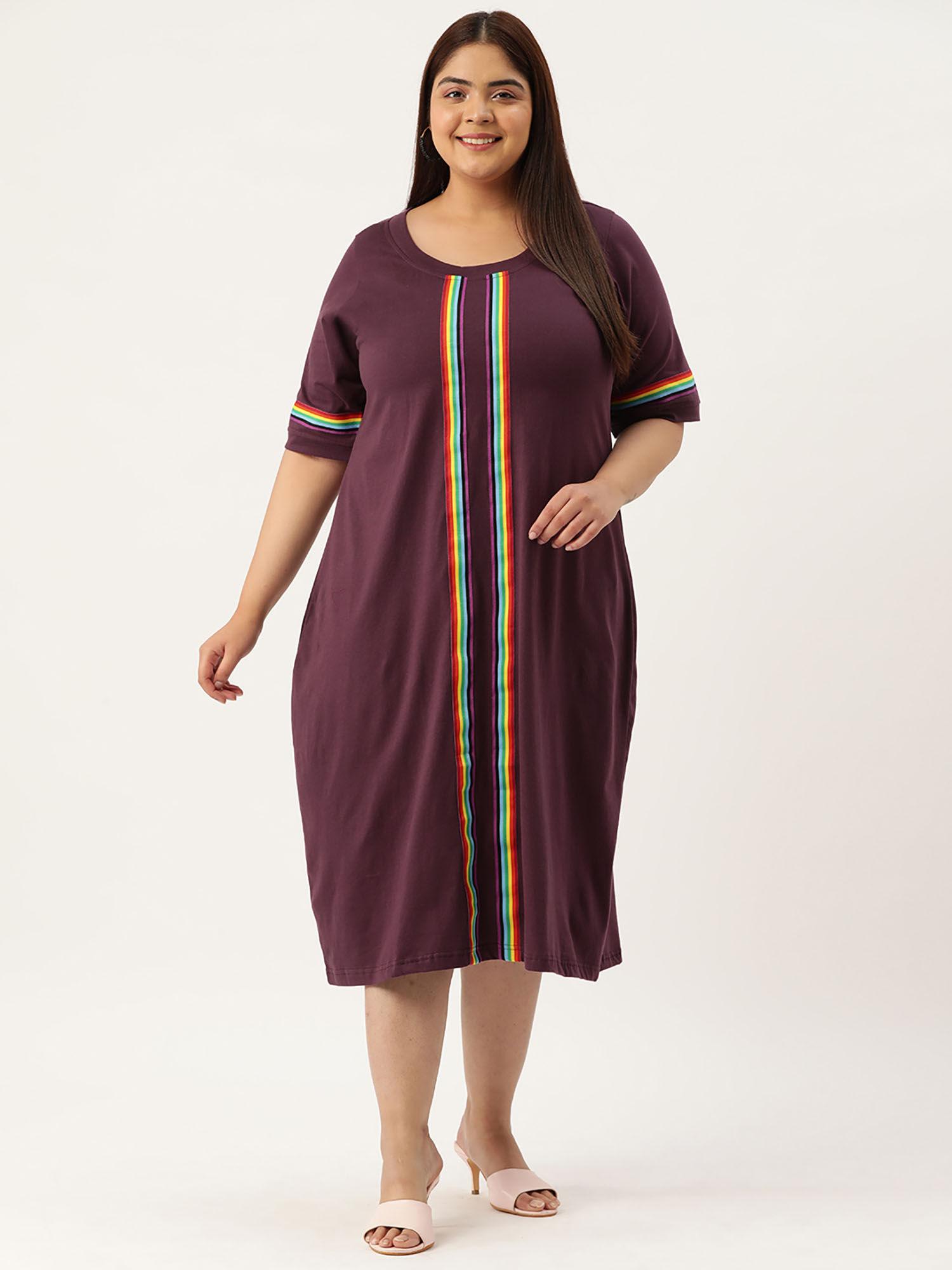 plus size women purple solid knitted dress with tape