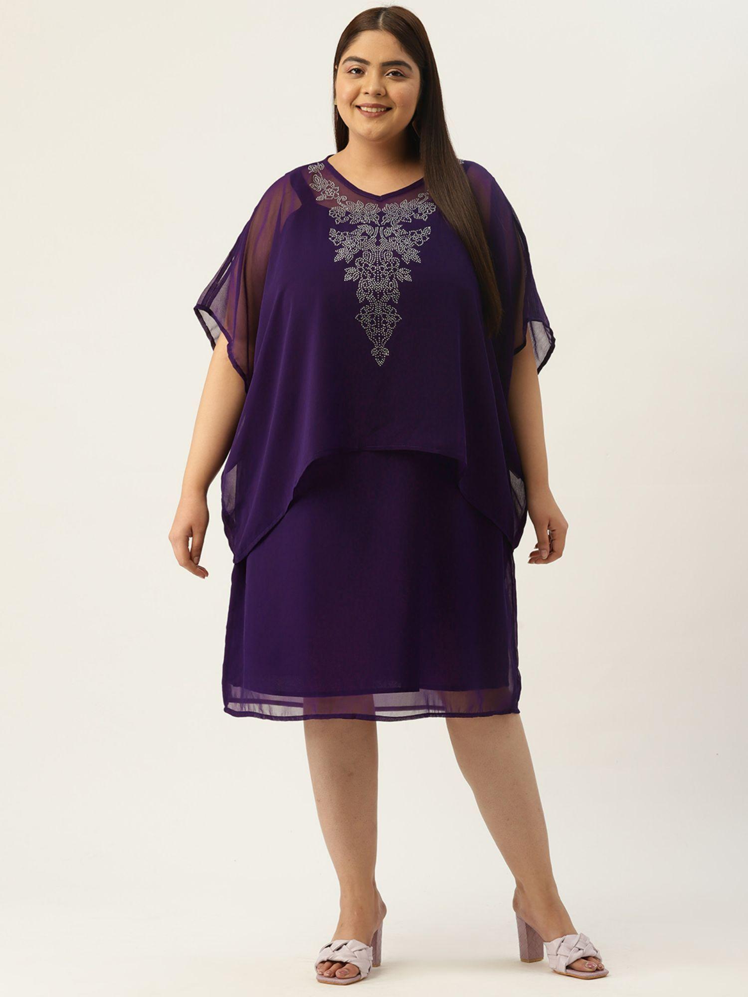 plus size women purple solid layered embellished party wear dress (set of 2)