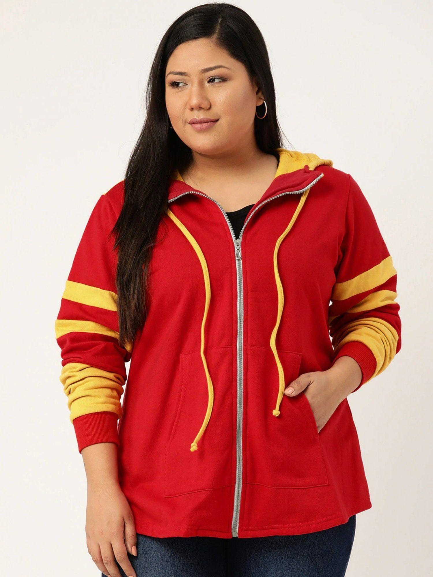 plus size women red and mustard color block jacket