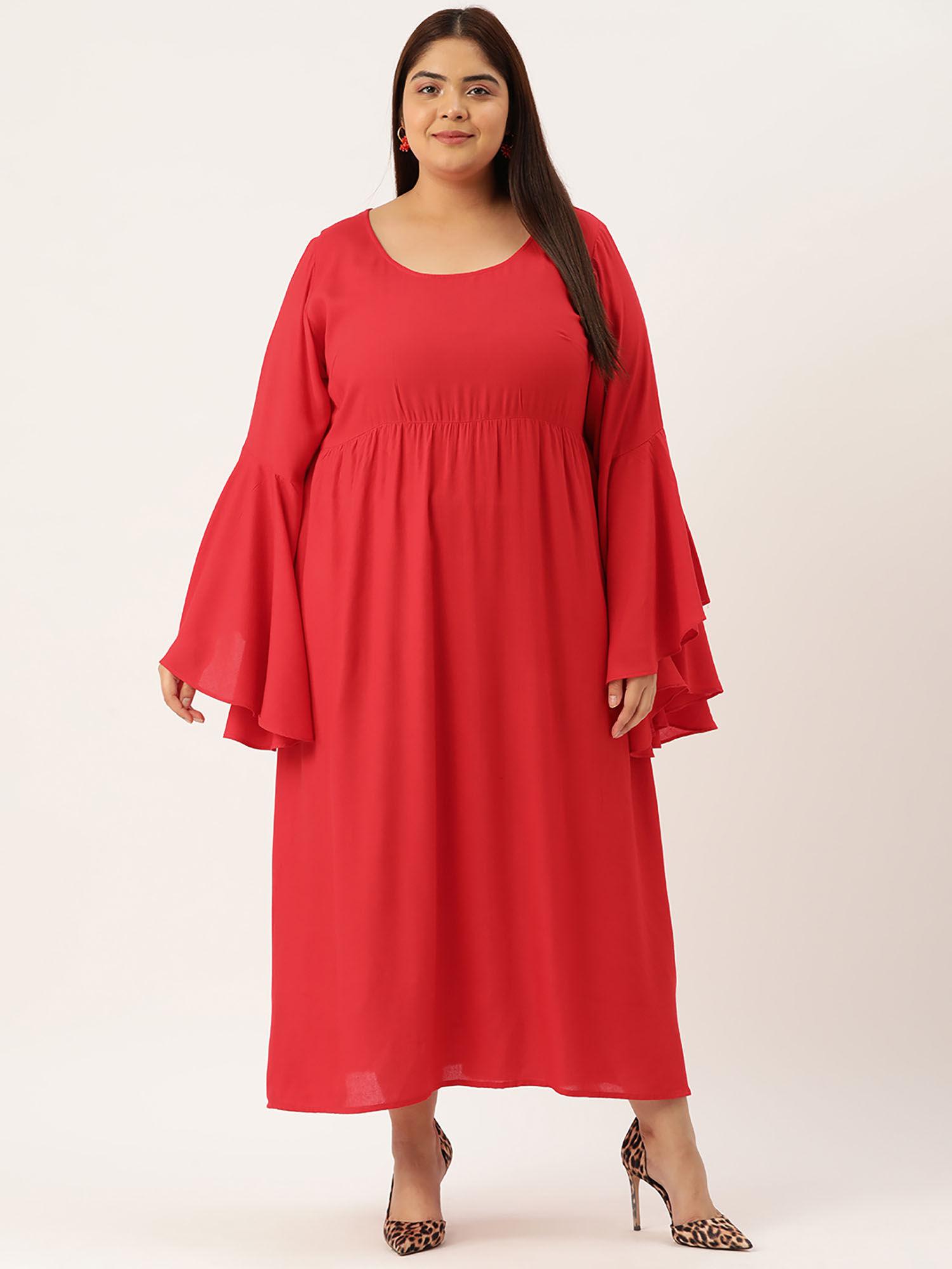 plus size women red solid bell sleeves a-line midi dress