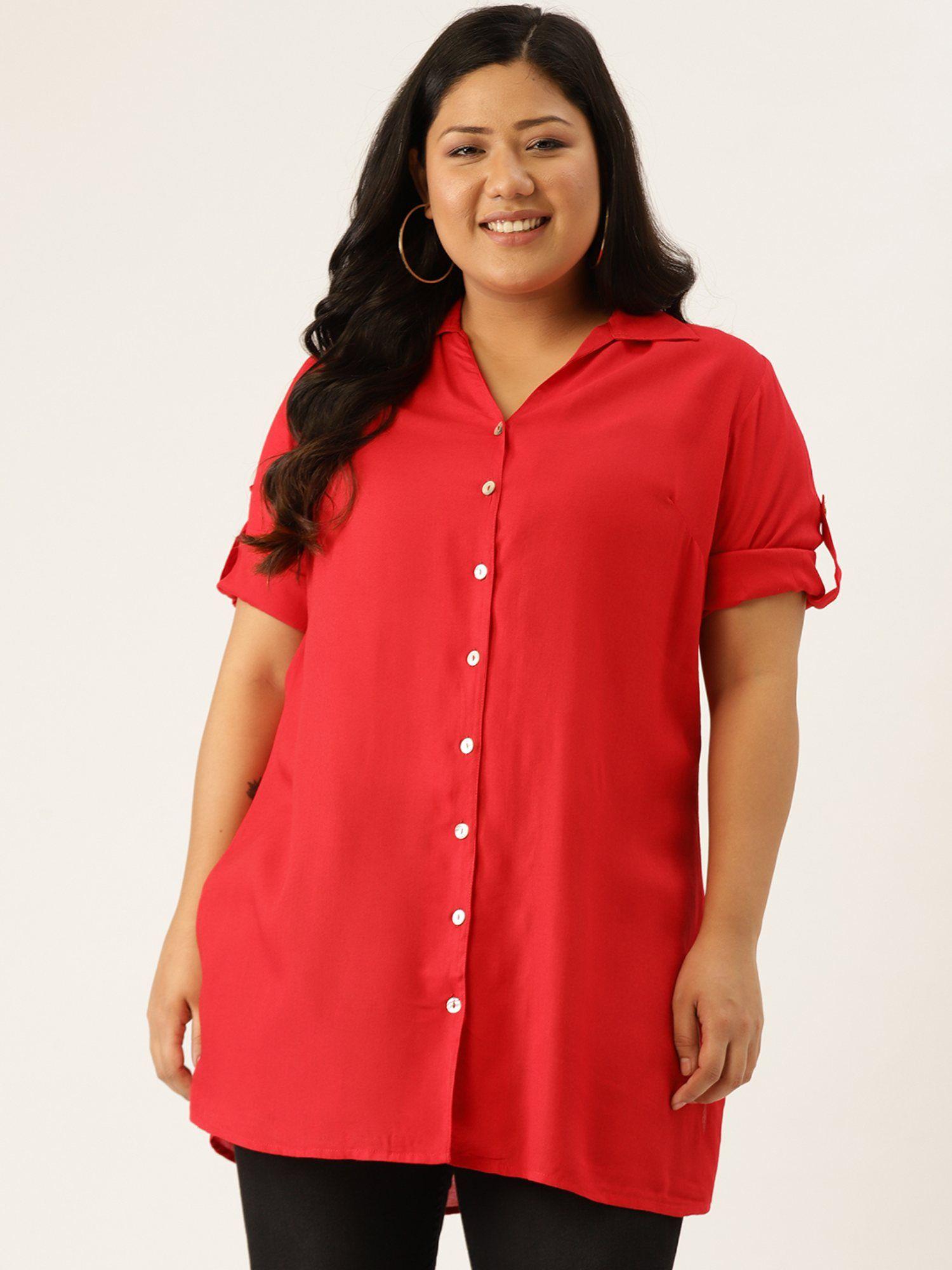 plus size women red solid color casual collar shirt